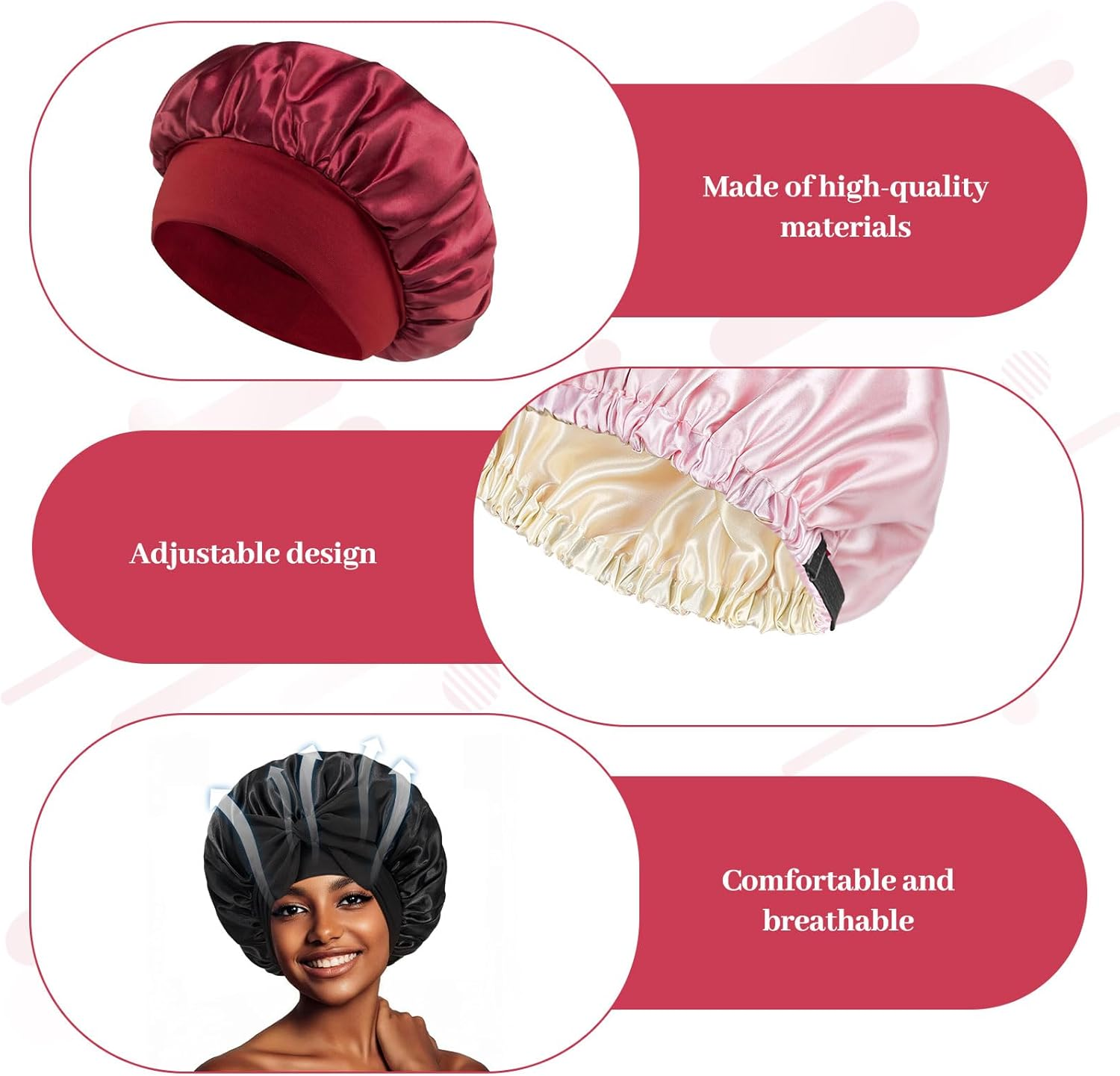 Silk Hair Bonnet, 3Pcs Bonnet, Satin Bonnet, Satin Hair Bonnet for Sleeping with Tie Band, Double Layer Satin Bonnets for Women Shower Cap, Suitable for Long, Straight, and Curly Hair