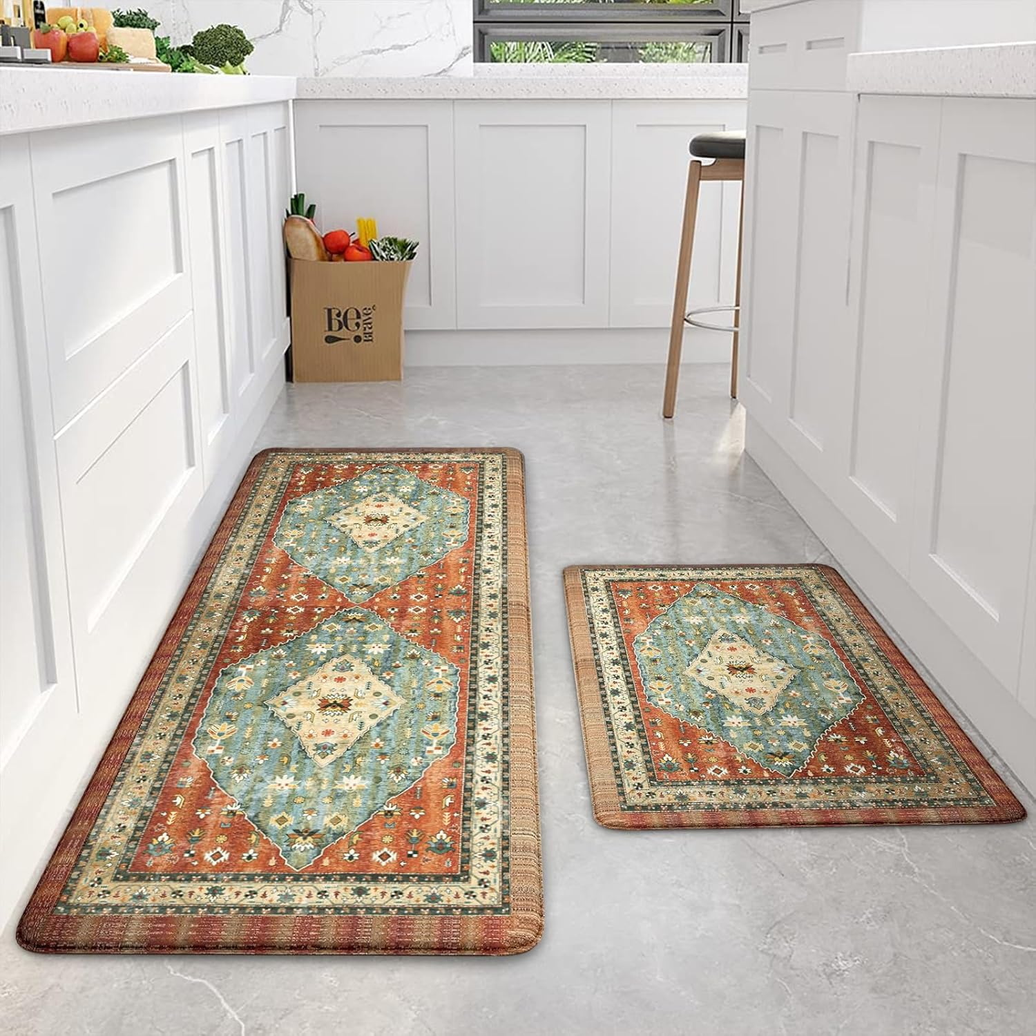 STEUGO 2 Pieces Boho Kitchen Rugs and Mats,Non-Slip Washable Carpets for Kitchen,Waterproof Kitchen Floor Rugs Set,Comfort Rug Sets of 2 for Kitchen/Bathroom,17"X29"+17"X59"(Colorful)