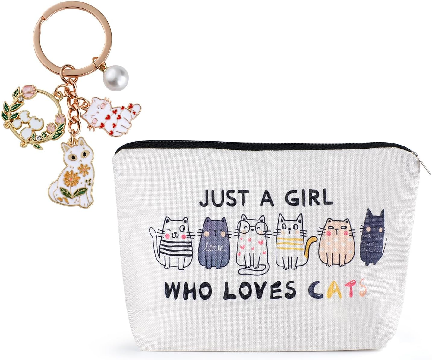 2 PCS Cat Bag for Women - Personalised Makeup Bag Set with Keyring, Themed Travel Cosmetic Zipper Pouch, Cute Keychain for Car Keys/Purses/Handbags image number 1
