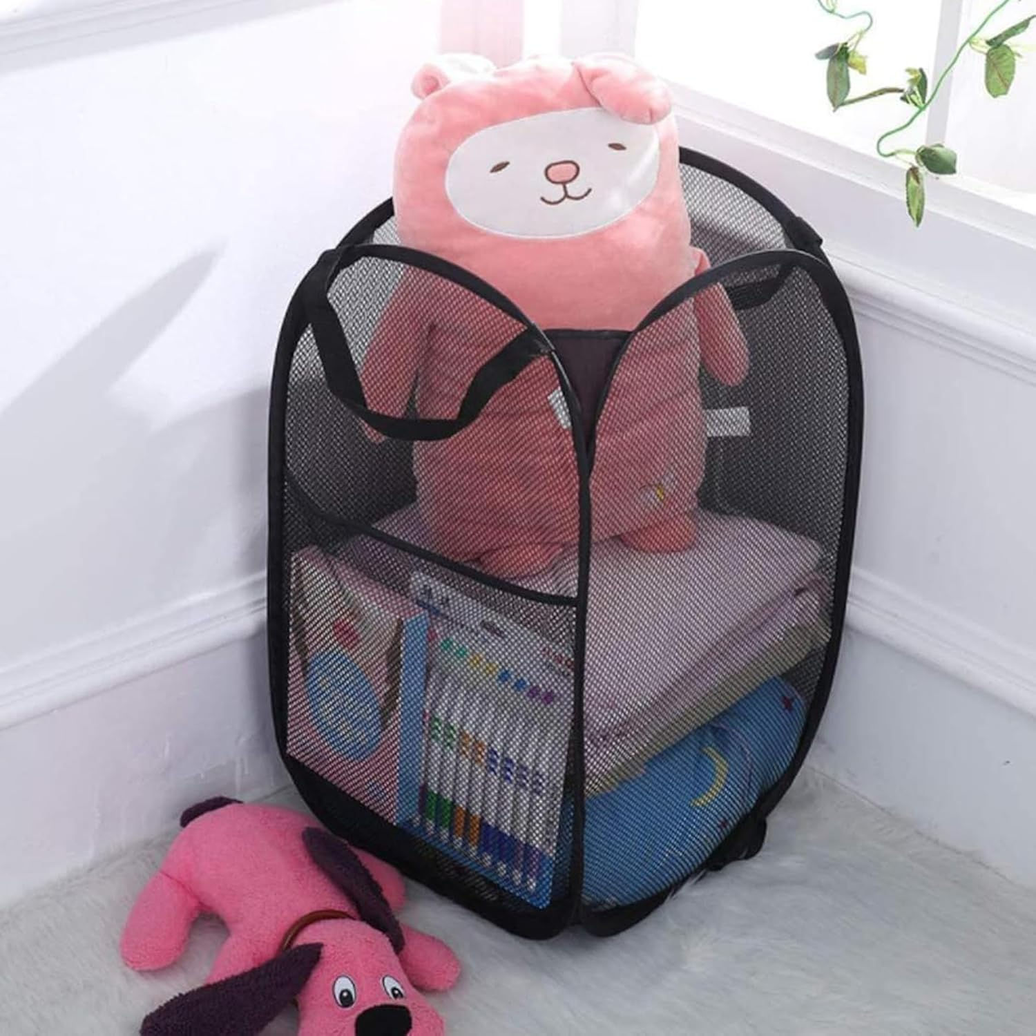 2PCS Collapsible Mesh Laundry Basket, Foldable Dirty Clothes Hamper for Temporary Storage, Pop-Up Basket for Toys, Clothes, and Home Organization, Black image number 3