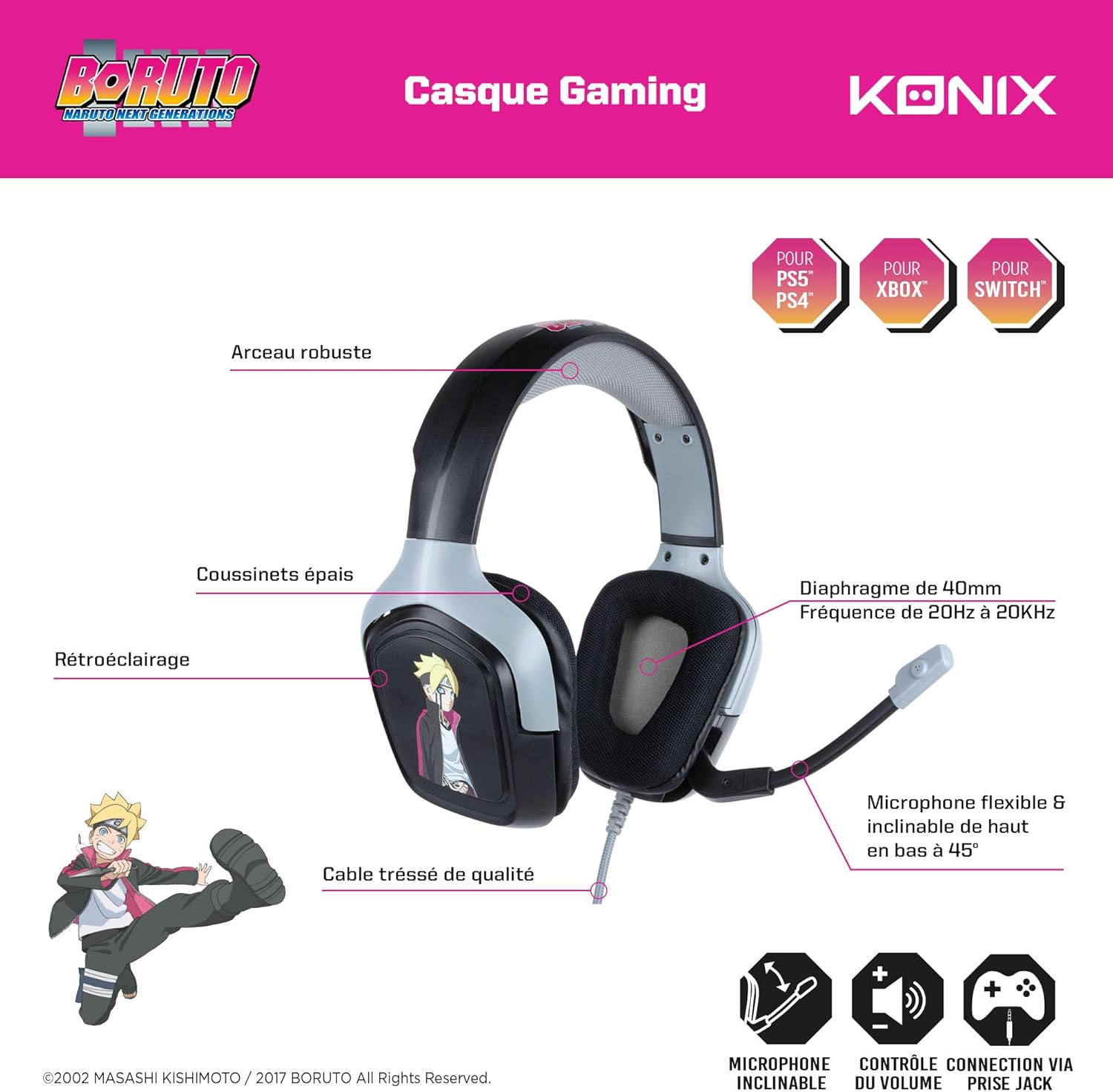 Konix Boruto Gaming Headphones for PS4, PS5, Switch, Xbox - Micro 45&deg; - 1.5 M Cable - 3.5 Mm - Black and Grey image number 4