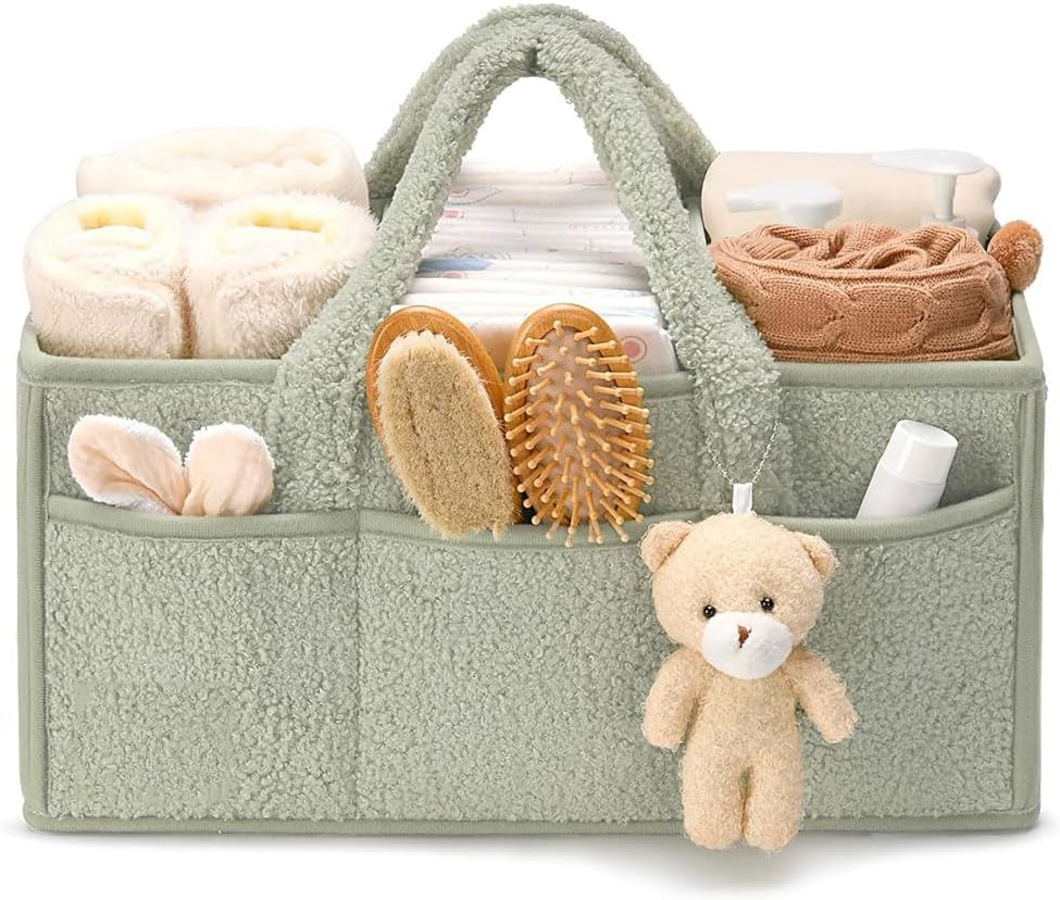 Baby Diaper Caddy Organizer with Handle, Portable Large Nursery Storage Basket with Pocket for Diapers, Wipes, Changing Table, Car & Travel &ndash; Gender Neutral Baby Storage Tote, Green image number 1