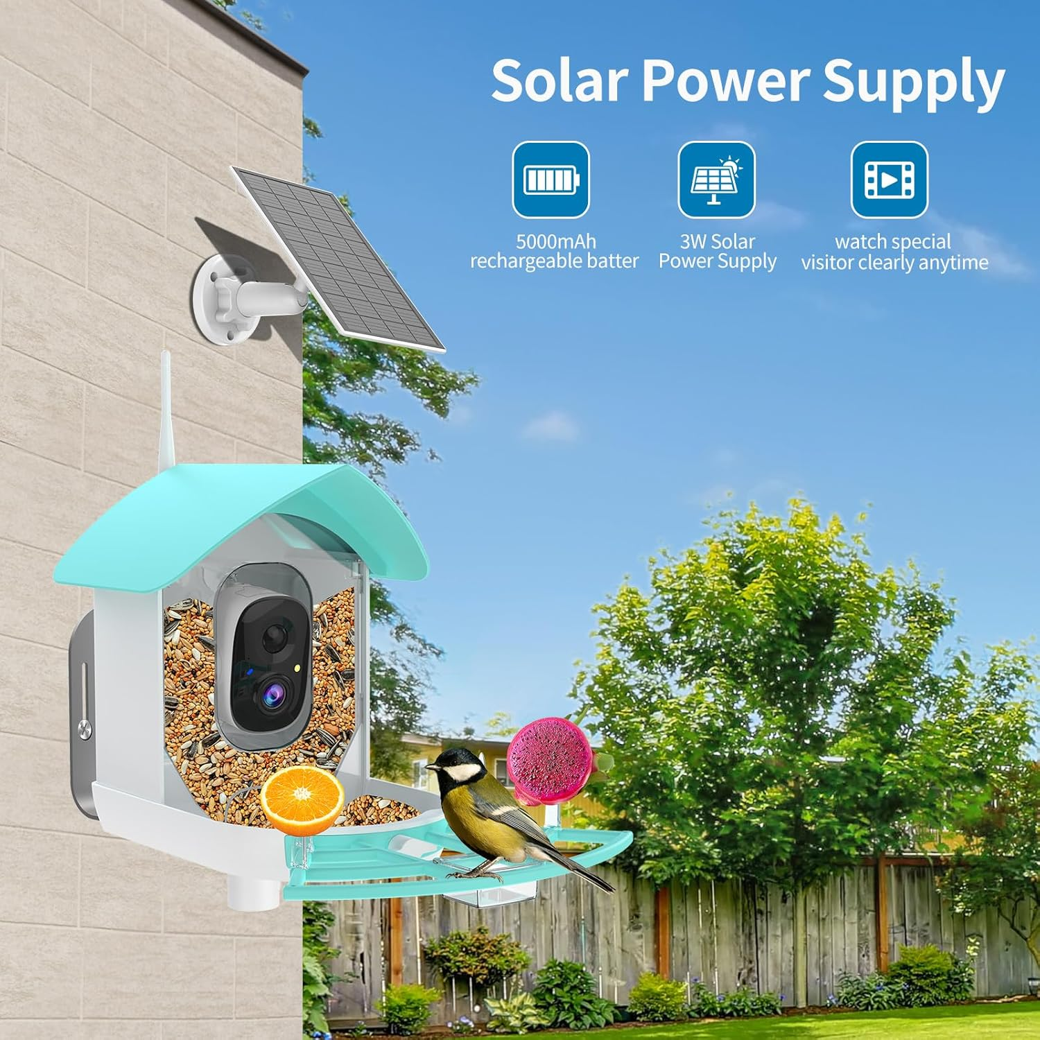 Smart Bird Feeder with Camera,Ai Identify Birds Breed,Solar Powered Wifi FHD 2K Live View Camera,Auto Capture Video,Backyard Garden Bird Watching,Motion Detection,Cloud and SD Card Storage,Blue image number 6