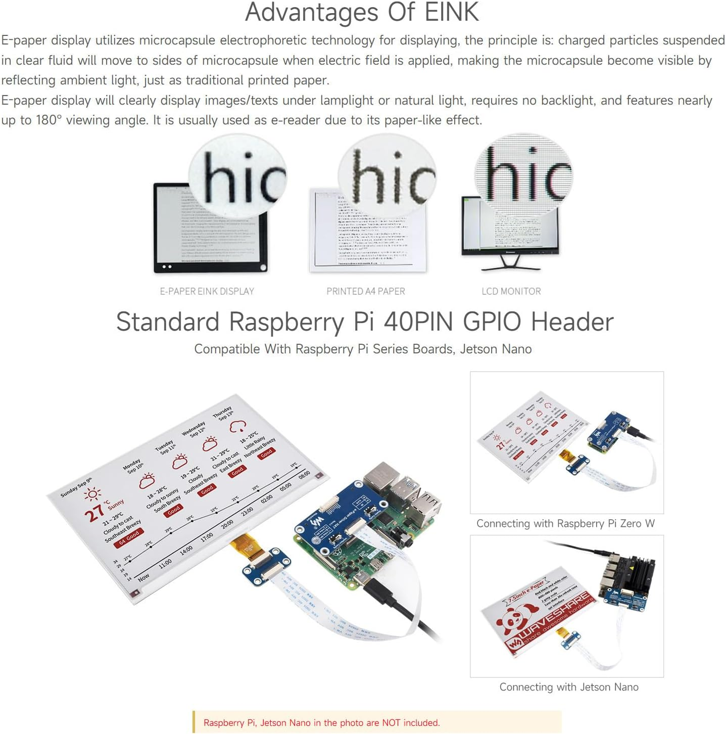 Waveshare 7.5Inch E-Paper HAT, 800&times;480 Resolution Red/Black/White 3Colors Display HAT for Price Tags, Shelf Labels, Industrial Instruments, Etc image number 6