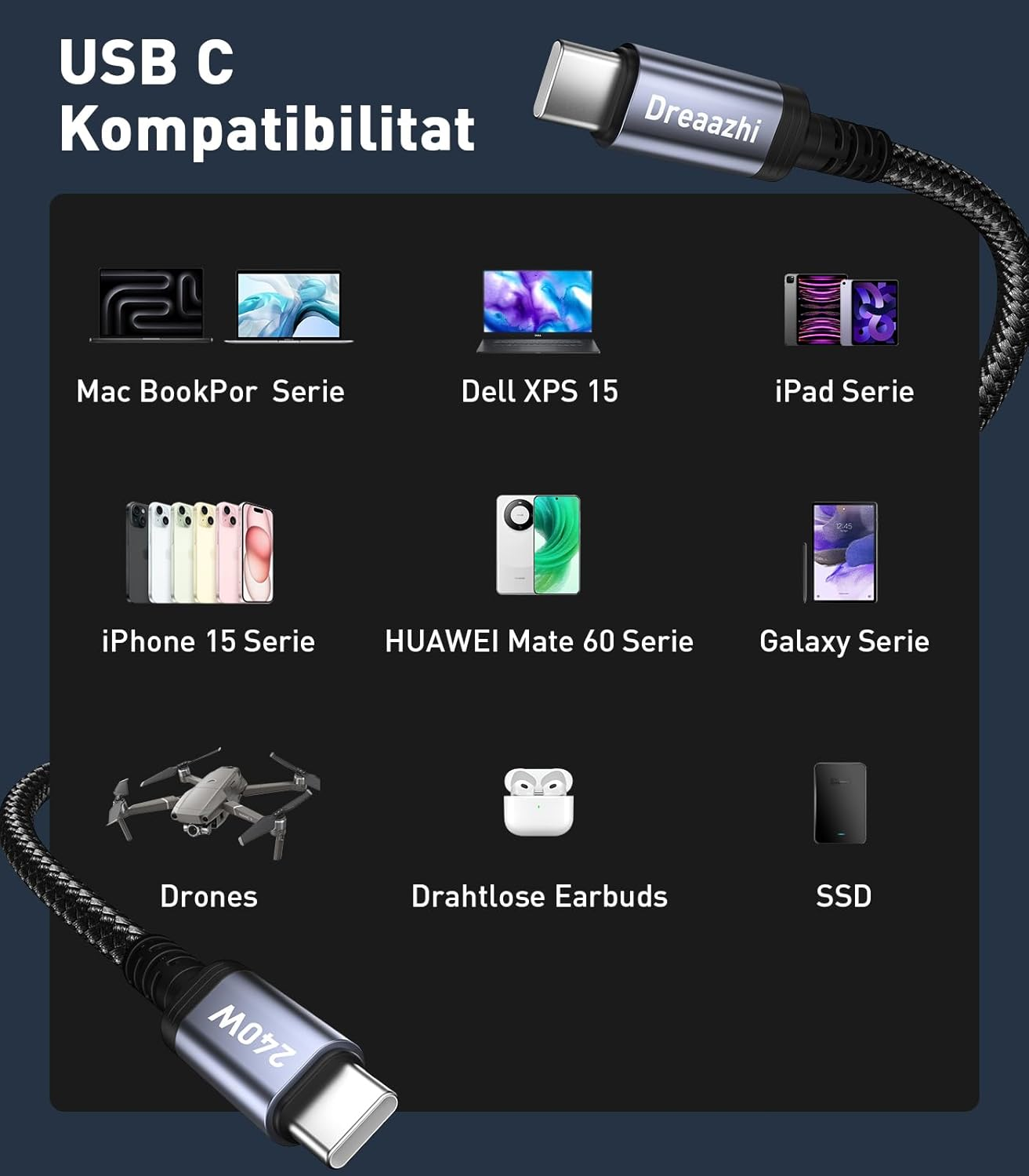 Dreaazhi Long 5M USB C to USB C Charging Cable, 240W,100W,60Wtype C Fast Charging Cable Braided for Iphone/Macbook Pro/Air, Ipad Air/Ipad Pro/Ipad Mini 6/ Samsung Galaxy S22 S21 S20 Galaxy Tab Etc image number 2