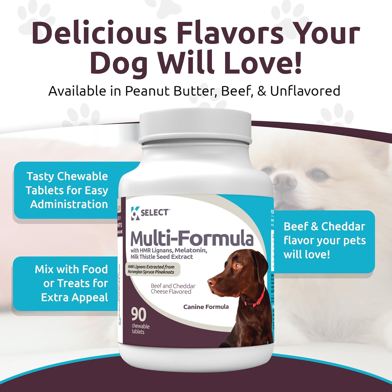 K9 Select Multi-Formula Dog Vitamins for Large Dogs - 30Mg HMR Lignans, 3Mg Melatonin, 60Mg Milk Thistle - Helps Heart, Liver, Digestion, Skin & Coat Health, Dog Multivitamin, 90 Tablets, Beef Flavor image number 5
