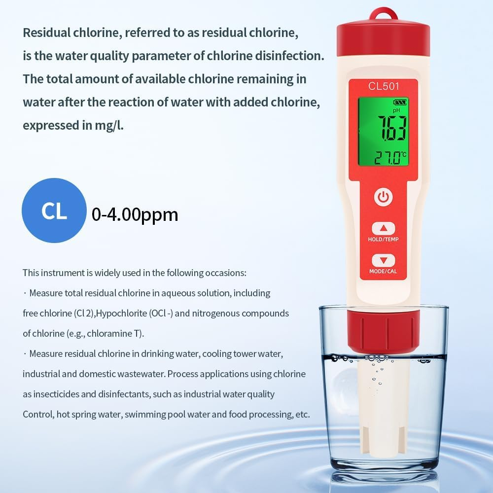 B-Qtech Water Quality Tester, Ph/Cl/Orp/H2/Temp 5 in 1, Chlorine Tester Digital, Portable PH Tester with LCD Display, for Drinking Water, Swimming Pool, Pool, Spa or Laboratory image number 5