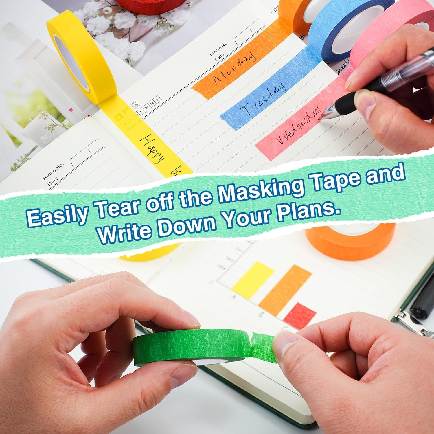 Painters Tape, Colored Masking Tape 8Pcs Rainbow Colors Rolls,Colored Tape Kids Art Supplies, Great for School, Office, Home, Crafts, Labeling, DIY Decorative, 0.5 Inch X 3.3 Yards (1.3Cm X 1M) image number 4