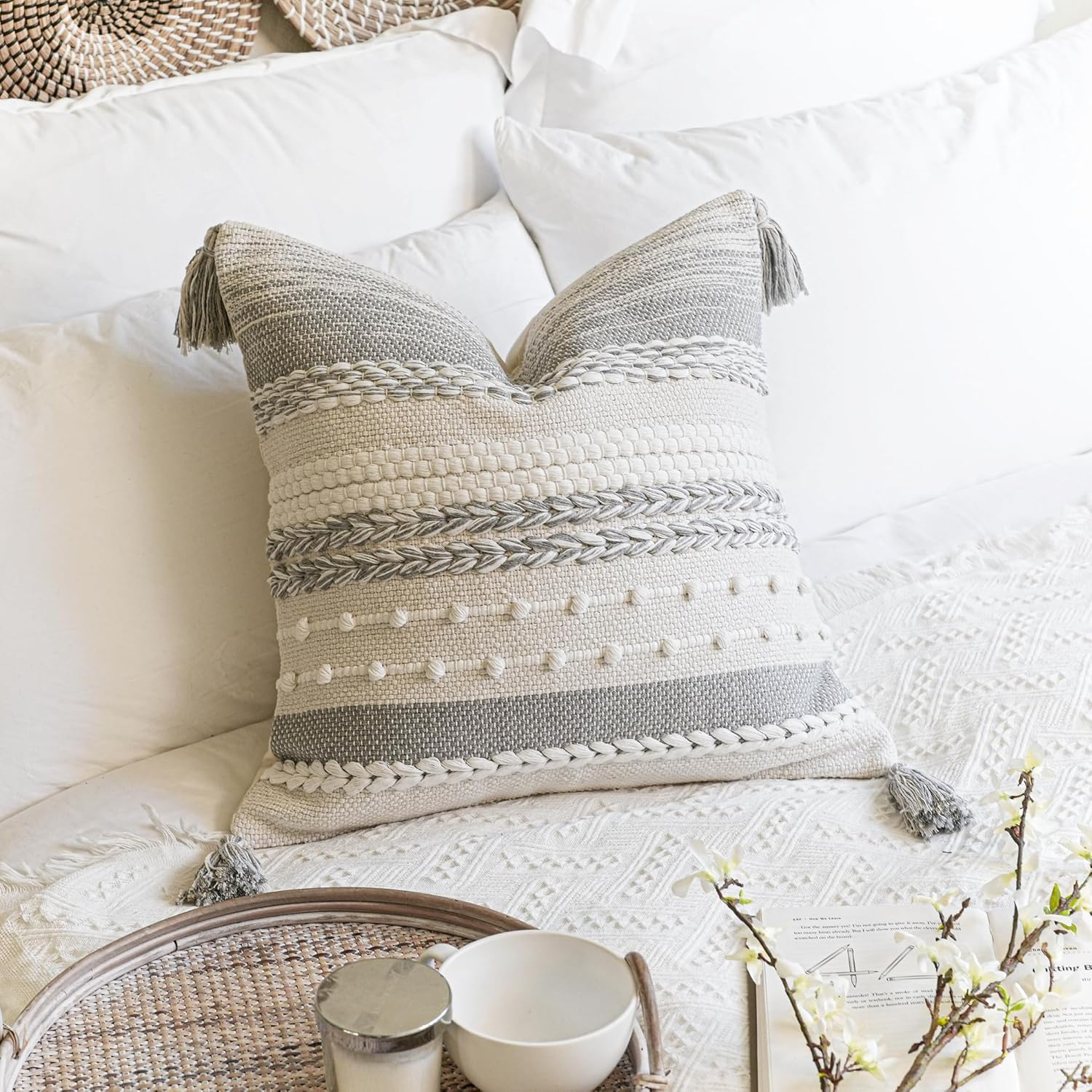 Blissblush Gray Boho Decorative Throw Pillow Cover 20X20 Square Farmhouse Accent Cushion for Couch Sofa Livingroom Bedroom Pillowcase Modern Home D&eacute;cor (Pack of 1) image number 2