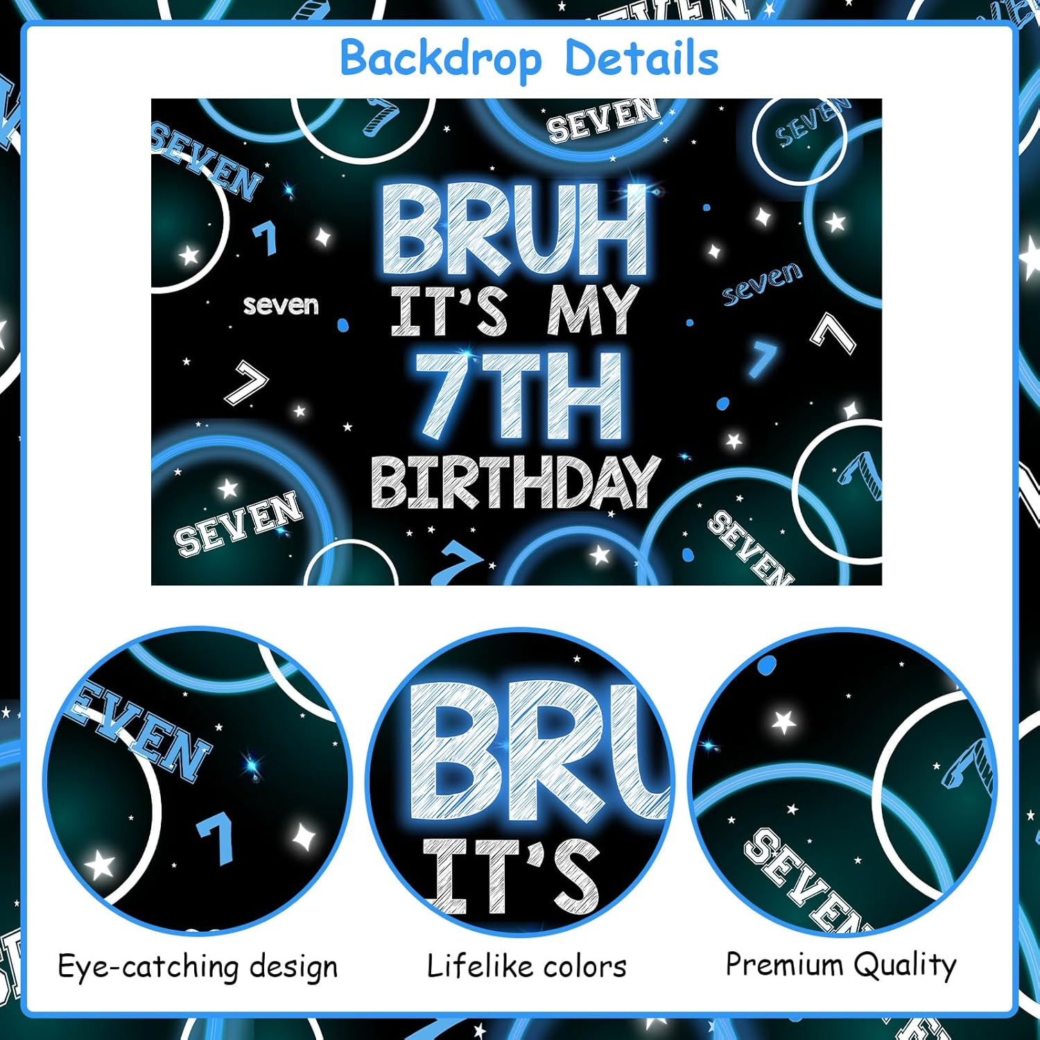 Wonmelody Bruh It&rsquo;S My 7Th Birthday Decor 4.92*3.28Ft Bruh It&rsquo;S My 7Th Birthday Backdrop Banner Blue Black 7Th Birthday Decor for Boy Happy 7Th Birthday Party Supplies Seven Years Old Photo Booth Prop image number 3