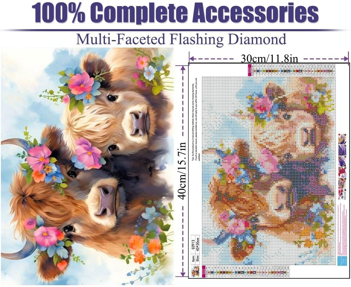 FQOVKYN 5D Cow Diamond Painting Kits for Adults - DIY Full round Drill Diamond Art Kits for Beginners, Highland Cow Paint with Diamonds Pictures Gem Art Painting Kits Adult Crafts Kits 12X16In image number 6