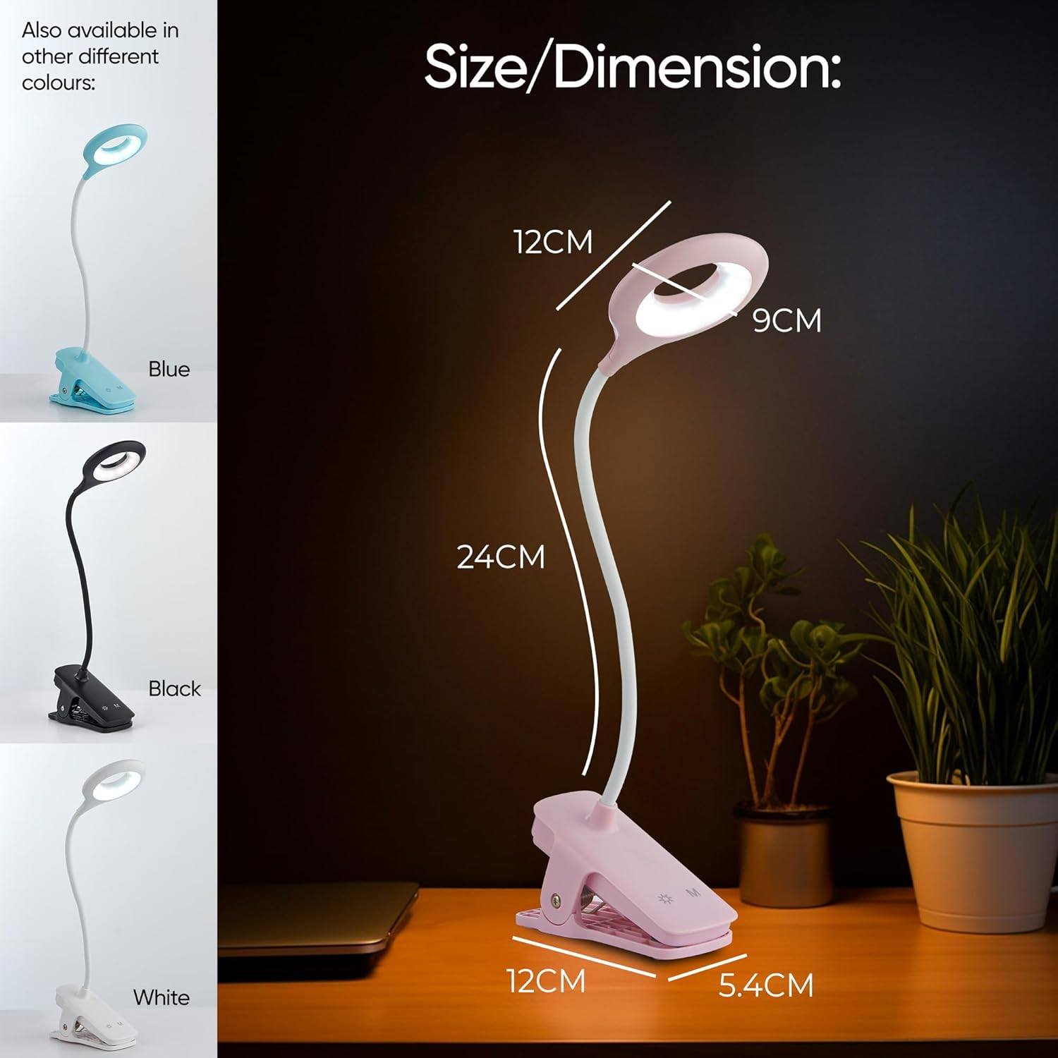 National Lighting Dimmable LED Clip on Light - 4.5W Touch Control LED Lamp with Flexible Neck & Strong Clamp - 5 Colours & Brightness Levels, USB Rechargeable Desk Light - Pink - Black image number 2