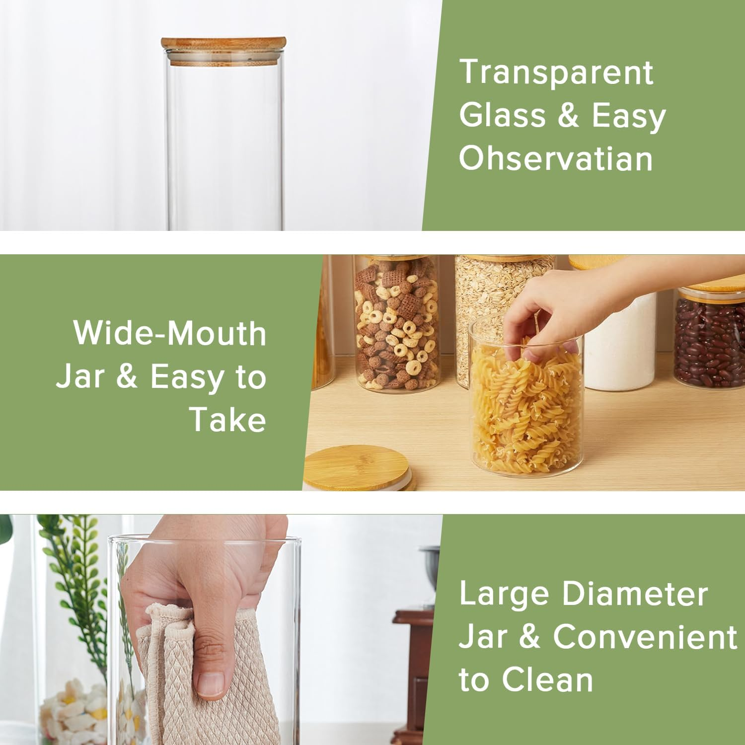 6 Pack Glass Food Storage Jars, Yakiter Food Containers with Bamboo Lids for Pasta, Cookies, Nuts, Coffee Beans, Cereal, Kitchen Canisters, Pantry Organization(15Oz+19Oz+22Oz+26Oz+40Oz*2) image number 5