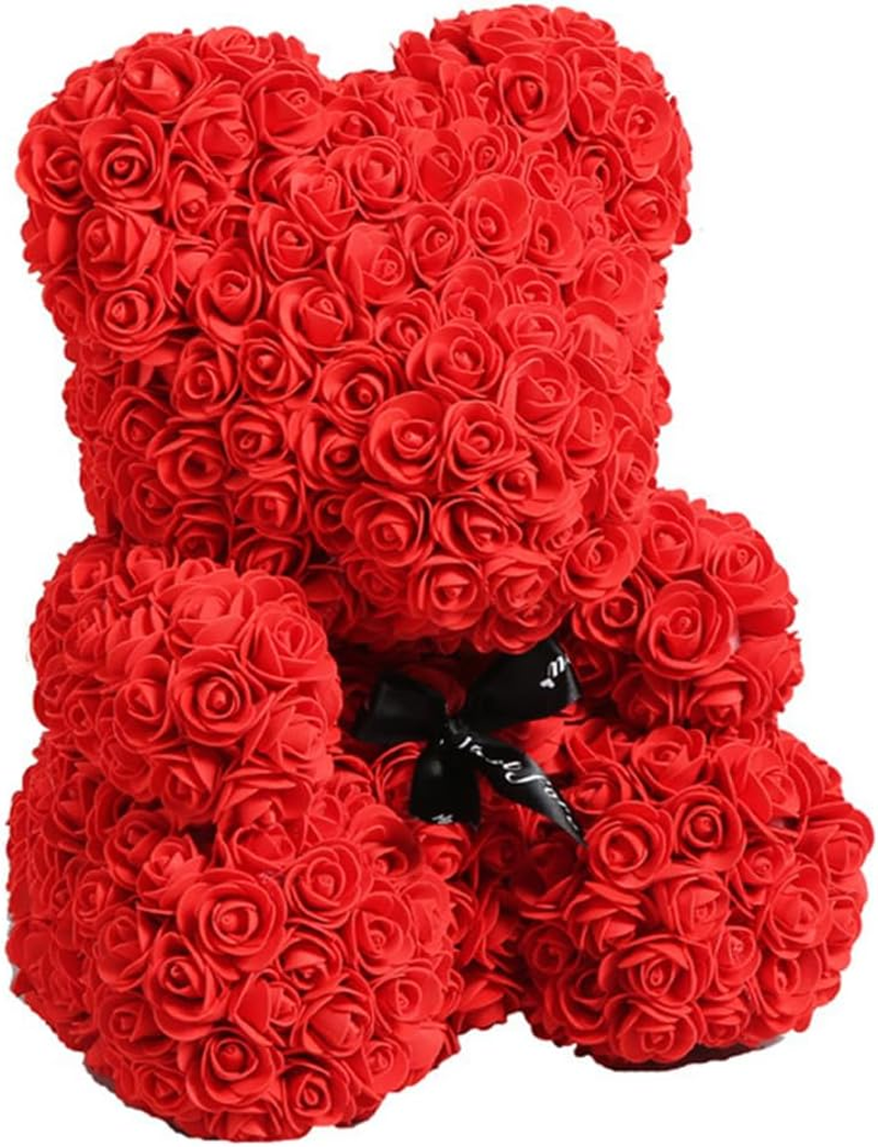 Flowers Rose Bear,Handmade Diype Flower Bears,Mothers Day for Mom Grandma on Mothers, Everlasting Flower for Window Display,For Mother'S Day,25X16X16 CM (Red)