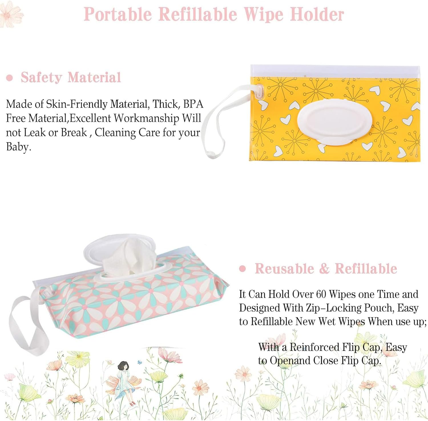 4 Pack Baby Wet Wipe Pouch，Baby Wipes Container, Wipe Dispenser, Reusable Travel Wet Wipe Pouch，Eco Friendly Wipes Carrying Case for Travel-Pouch Carries 60 Wipes. (Multicolor-B)