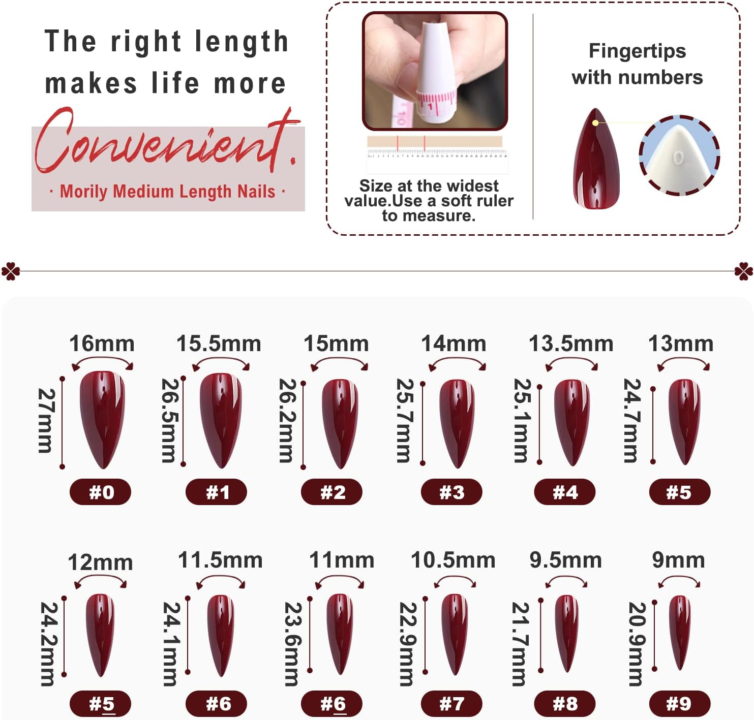 Morily 24Pcs Wine Red Press on Nails Medium Length Stiletto False Nails Long Fake Nails Glossy Acrylic Stick on Nails Solid Color Almond Full Cover Artificial Nails for Women (Wine Red) - Black,Silver image number 4