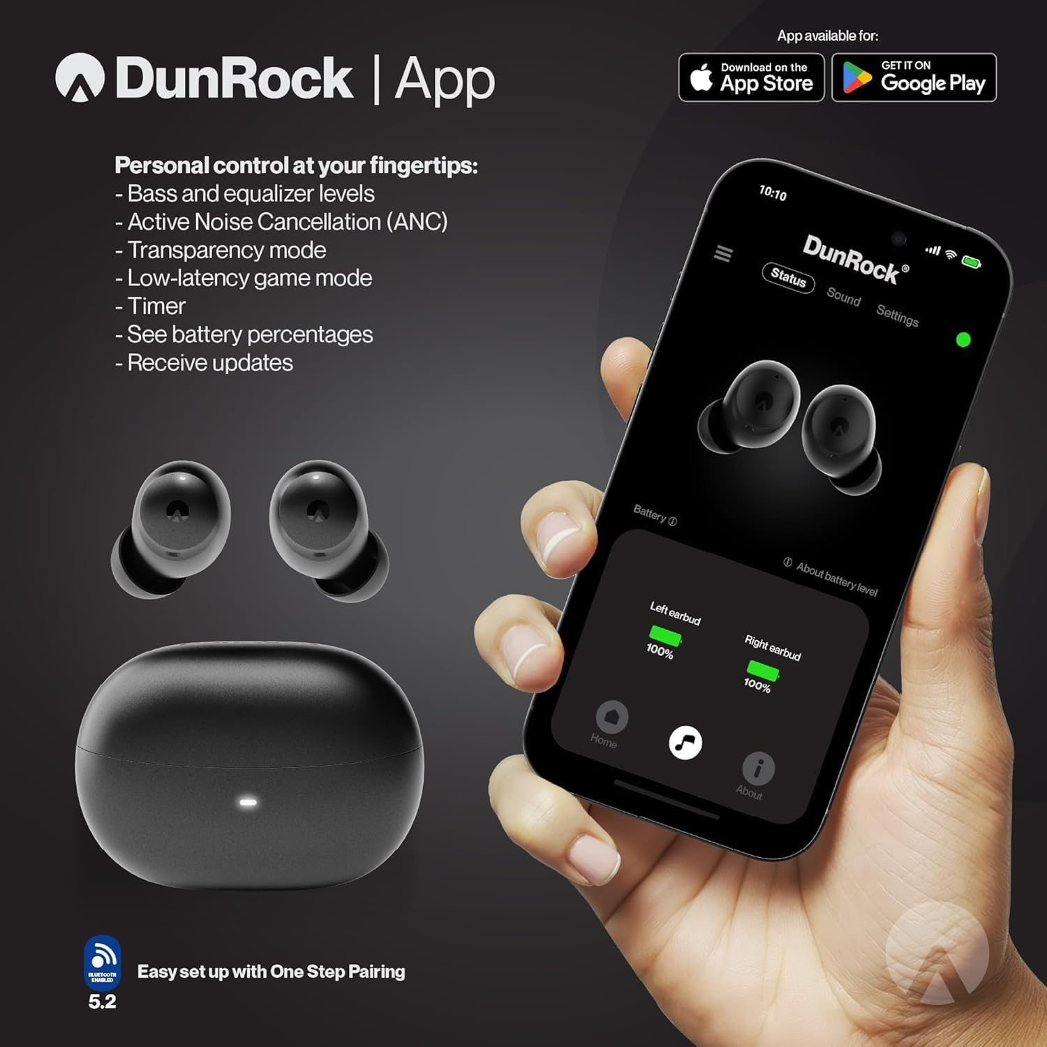 Dunrock Pop Bluetooth 5.3 In-Ear Headphones - Wireless with Hybrid ANC, Transparency Mode, App Control, 32H Battery, 6 ENC Microphones, Touch, USB-C - True Wireless for Calls, Sports & Travel - Black image number 4