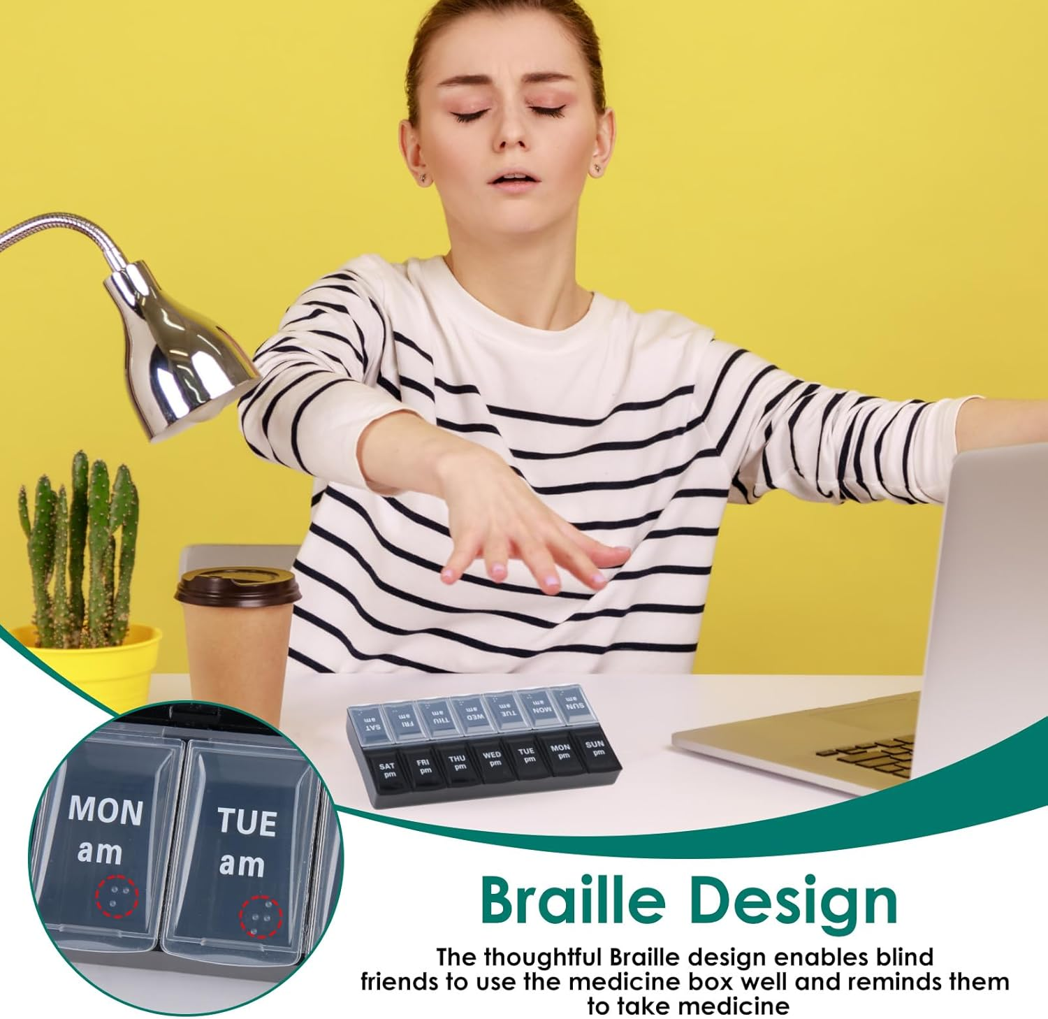 Weekly AM & PM Pill Organizer, Medicine Container 7 Days 2 Times Day and Night for Travel, Tablet Organiser Large for Vitamins Fish-Oil Supplements Capsule Storage with Braille (Black & White)