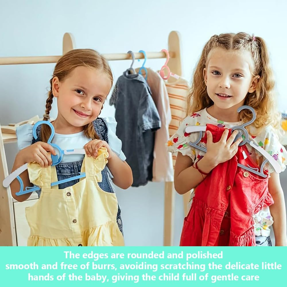MOTRAIN 60-Pack Extendable & Stackable Kids Hangers, Non-Slip Plastic Baby and Toddler Clothes Hangers with Plastic Hanger Straps, Stretchable 11-14 Inch, Mix Colors Space-Saving Design image number 2