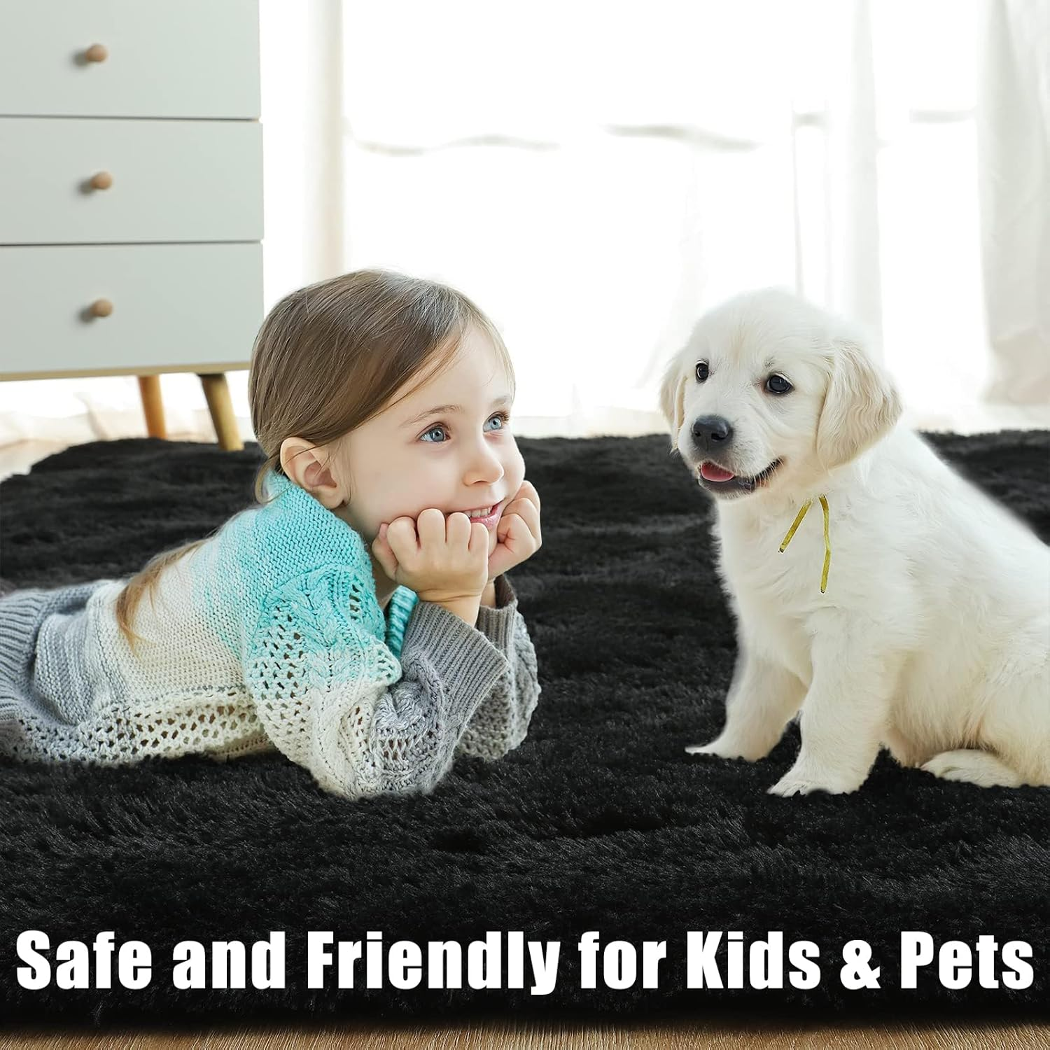 Shaggy Rugs for Bedroom Living Room, Super Soft Fluffy Fuzzy Area Rug for Kids Baby Nursery, Modern Indoor Plush Carpet for Home Decor, 4X5.2Ft Floor Furry Rugs for Children Dorm (Black, 120 * 160Cm) - Deep Grey image number 3