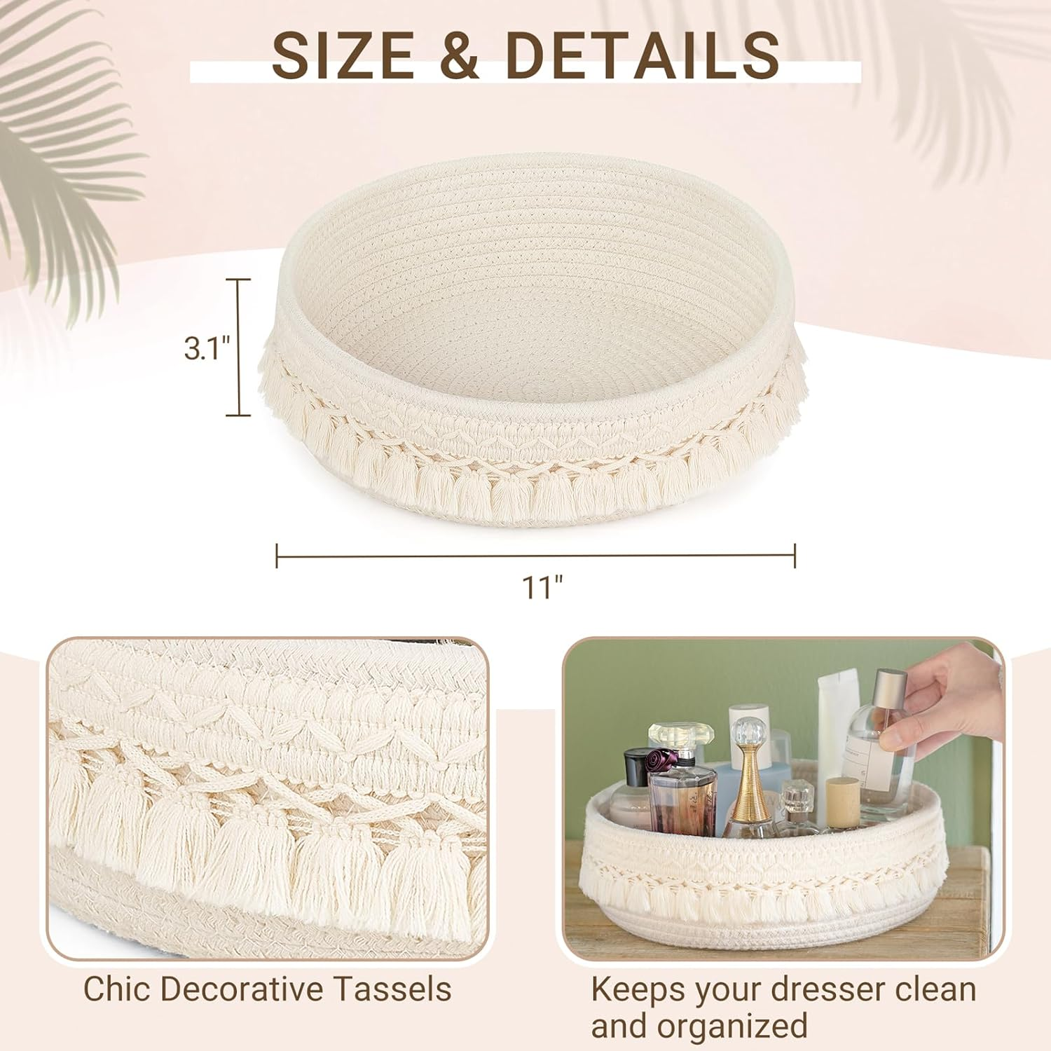 Mkono Makeup Perfume Holder Organizer Macrame Decorative Woven Rope Basket Boho Decor Cosmetics Desk Storage Baskets for Dresser Skin Care Lotions Essential Oils Dorm Room Essentials image number 1