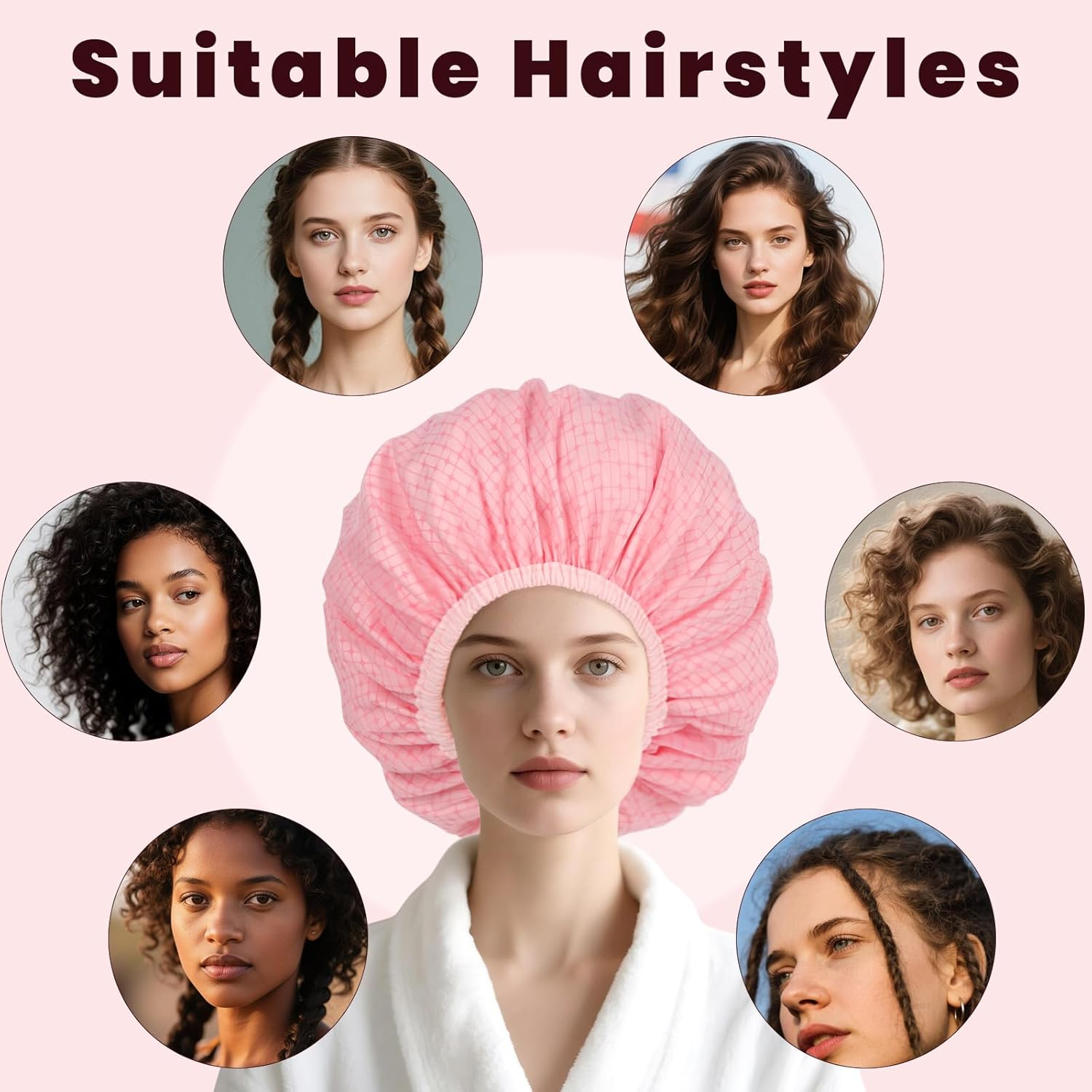 Pink Shower Cap,Hair Cap for Shower,Double Layered Waterproof Hair Caps,Satin Lined Bath Caps for Braids Long Hair image number 6