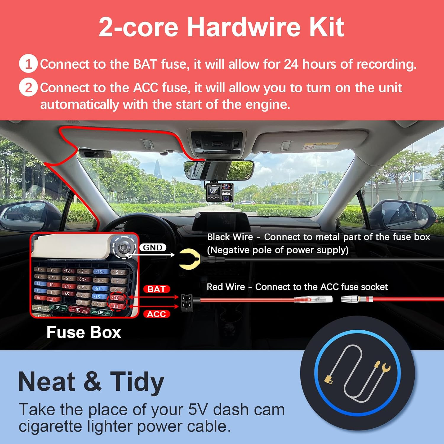 Range Tour Dash Cam Hardwire Kit Mini USB, 4M 12V-24V to 5V 2.5A (Also Fits for 1-2A) Hard Wiring Kit for Car Camera, 4 Power Adapters 3 Fuses image number 1