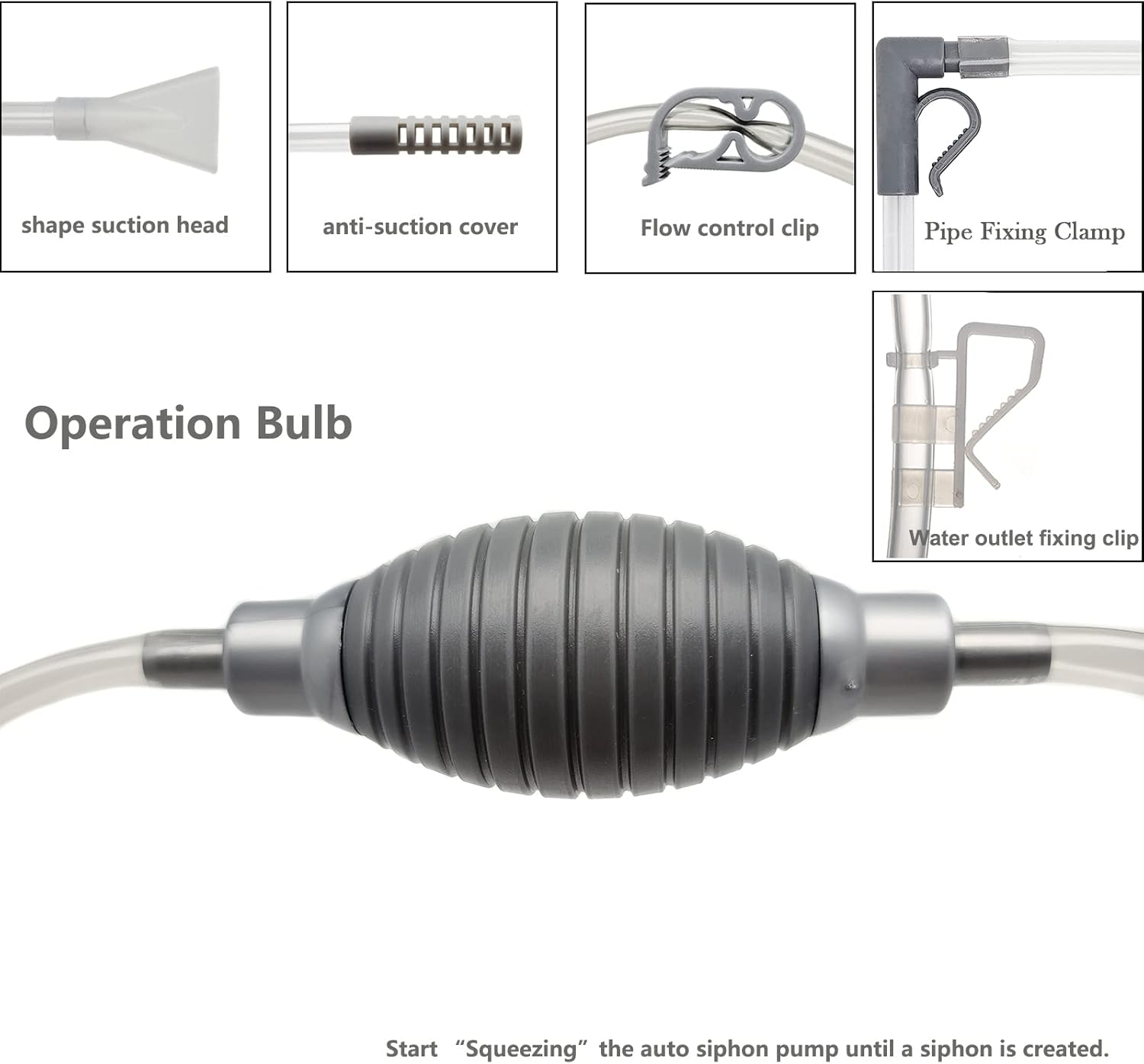10 Gallon Fish Tank Cleaner and Aquarium Water Changer Siphon with a Thinner Water Tubing. Perfect for Cleaning Small Fish Tanks, Gravel Vacuum for Aquarium Kit (Grey) - Green image number 5