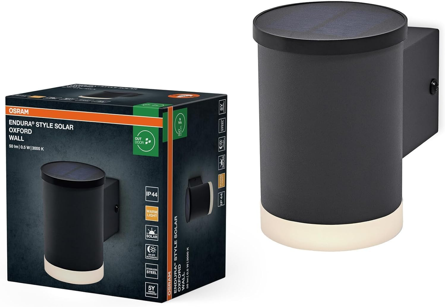 OSRAM Endura Style Solar Oxford Outdoor Light, 0.5 W, 50 Lm, Wall Light, Dark Grey, Indirect Lighting, Rechargeable Battery, IP44 Protection Class, 3,000 K Colour Temperature, Warm White Light Colour image number 2