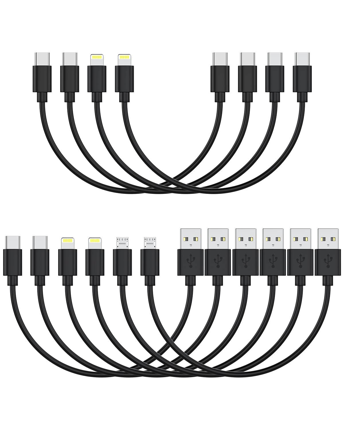 [30CM, 10-Pack] Multi Short USB Charging Cables, Fast Charge & Sync Type-C/Lightning/Micro Cords Bulk for Charging Station Compatible with Iphone16&15, Iphone5-14, Ipad, Ipod, Mobiles, Tablets, White
