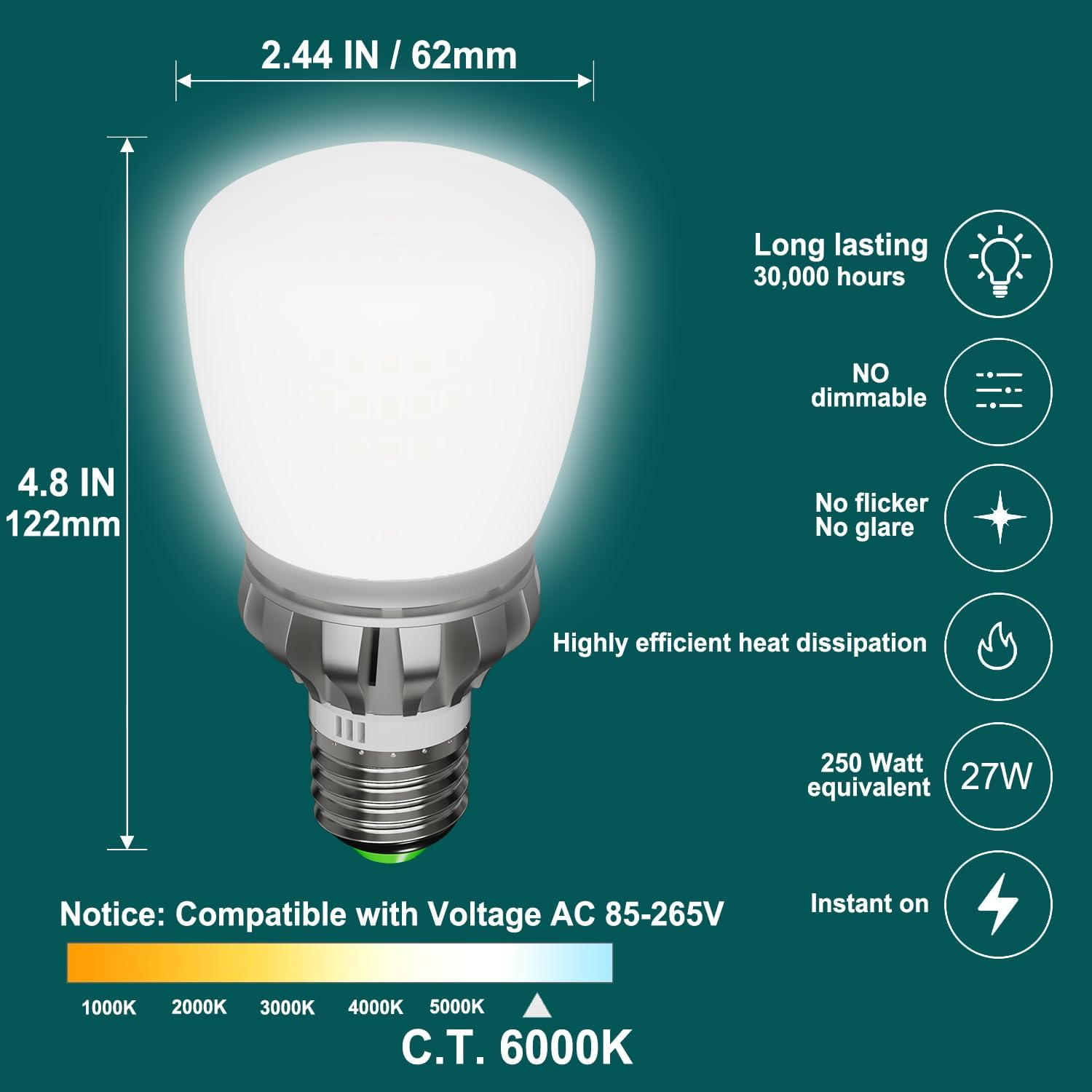E27 LED Bulbs 27W, Equivalent 250W - 3760 Lumen - 6000K Cool White - Beam Opening 360&deg; - Maximum Efficiency and Low Consumption, AC 85-265V, Non-Dimmable, E27 LED Bulb, Pack of 2 image number 1