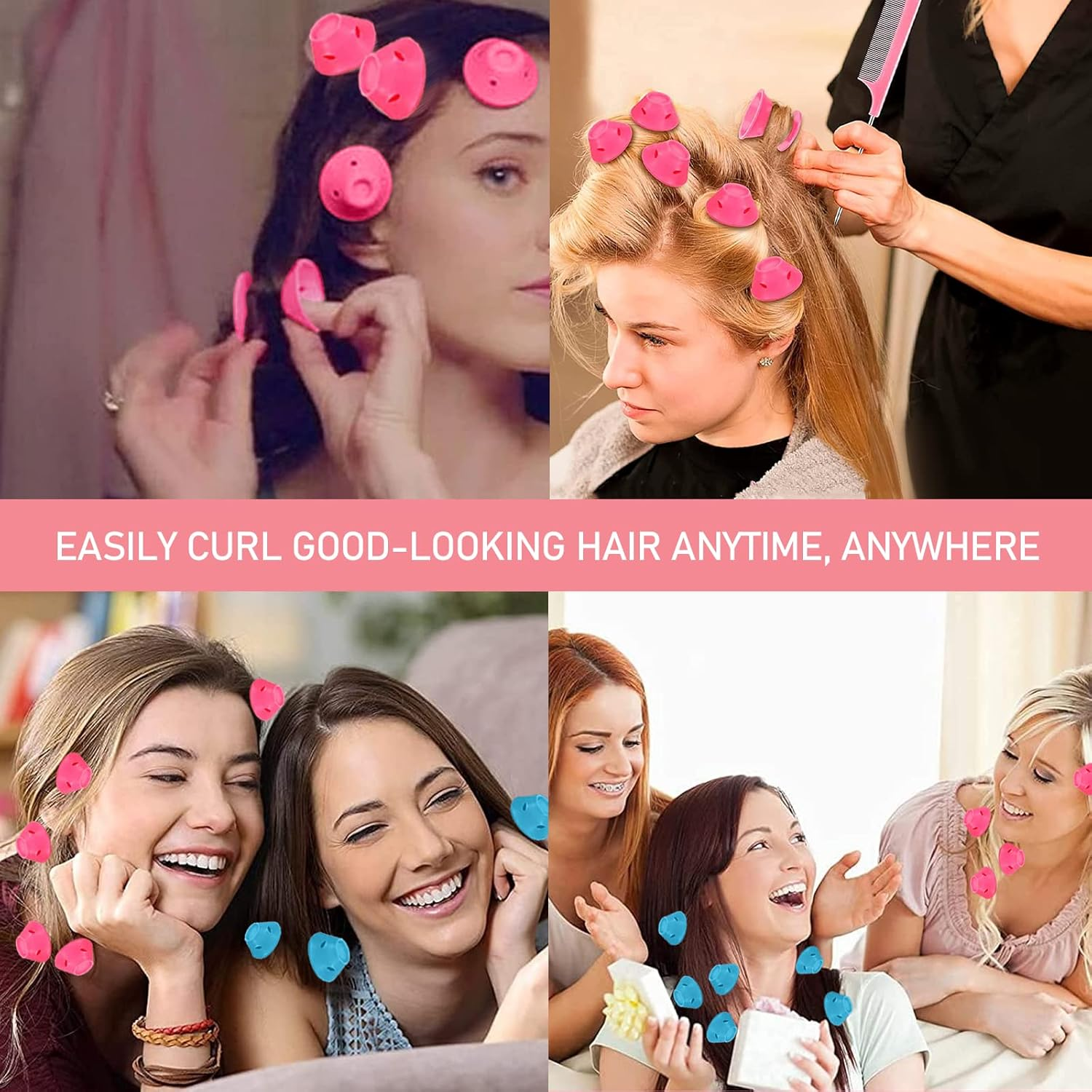 CZAYEFNH 40 Pieces Silicone Hair Rollers Self Grip Curlers, Curlers without Heat Hair Curler for Long Short Hair, Curler Set for Hair (Blue + Pink) image number 2