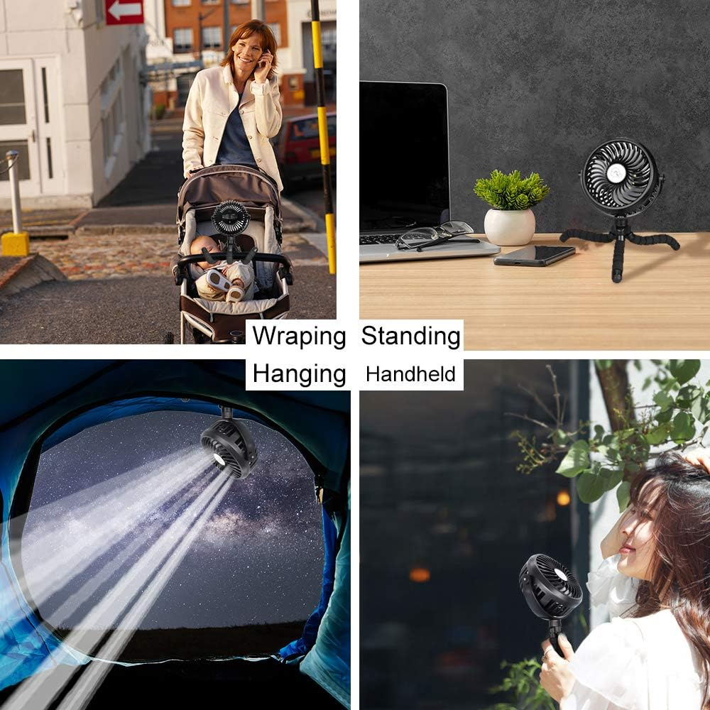 Portable Battery Powered Stroller Fan,Mini Handheld Personal USB Fan,Car Seat Baby Fan with Flexible Tripod,360&deg; Rotatable Ultra Quiet Desk Fan with LED Light for Stroller/Bike/Camping/Bbq/Gym image number 3