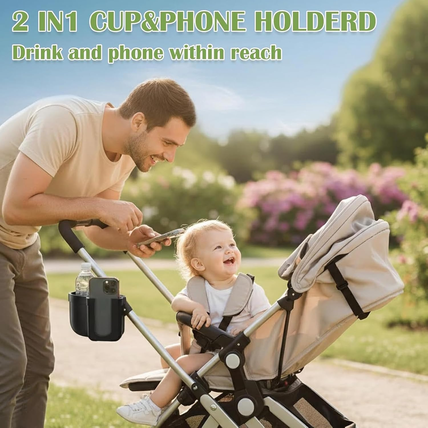 Pram Cup Holder, Stroller Cup Holder with Phone Holder, 2-In-1 Universal Cup Drink Holder for Uppababy, Nuna, Doona, Wheelchair, Bike, Scooter, 360&deg; Rotatable Pram Accessories image number 5
