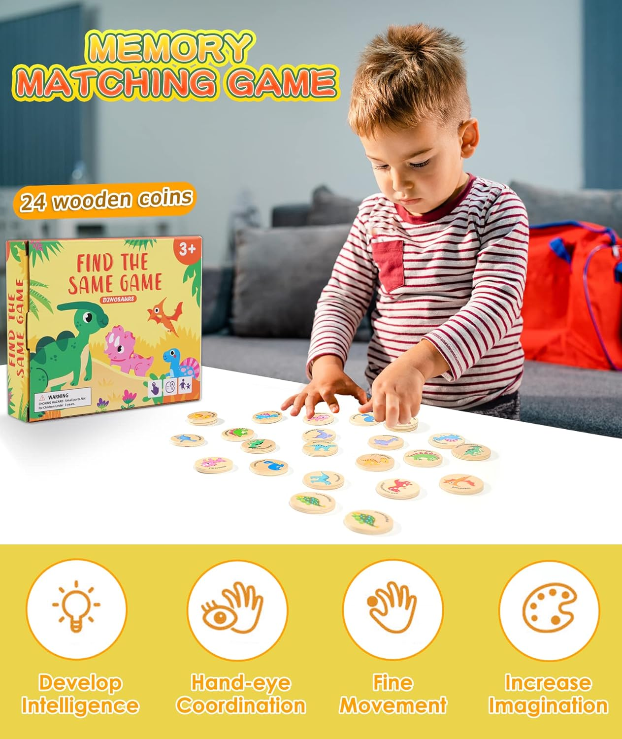 Wooden Match Memory Game for Kids, 24Pc Memory Matching Cards with 5Pc Tattoo Stickers, Educational Memory Matching Game for Pre-Kindergarten Early Learning Development Girls and Boys-Dinosaur image number 5