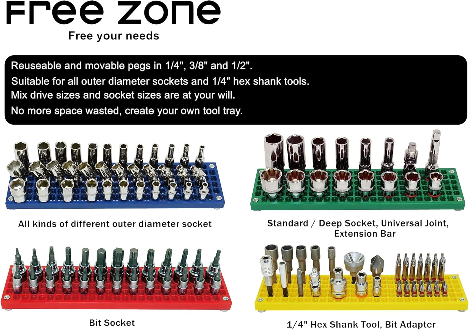 FREE ZONE - 60-Piece 3/8-Inch Drive Socket Holder. Expansion Pack for FREE ZONE Socket Organizer. for All 3/8-Inch Dr. Socket and Tools. Metric and SAE, Standard/Deep Size Sockets image number 1