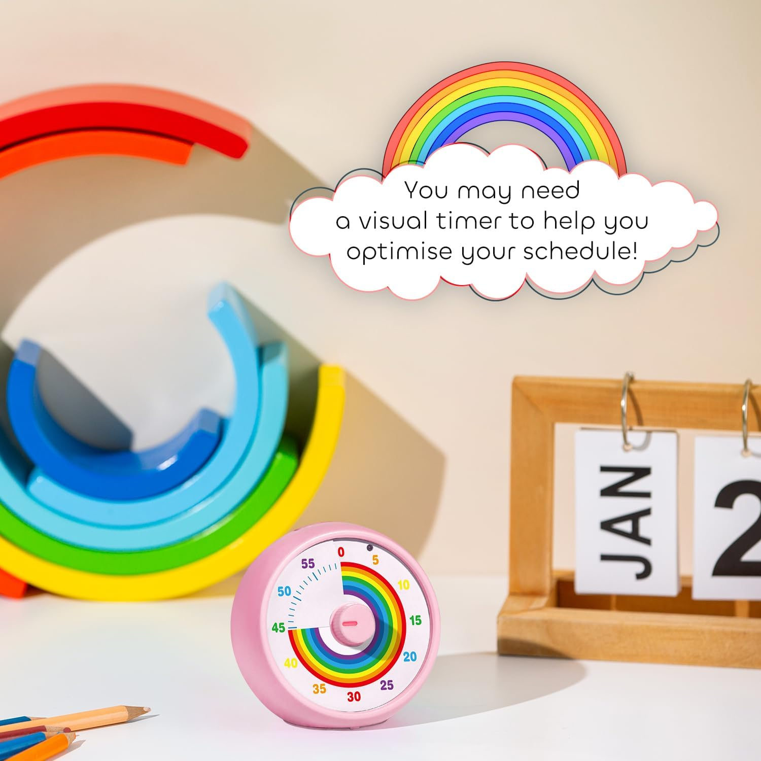 Visual Timer for Kids, 60-Minute Countdown Timer for Classroom Office Kitchen, Desk Timer Kids Time Management Tools with Silent Operation, Pomodoro Timer Rainbow Pattern(Pink) image number 3