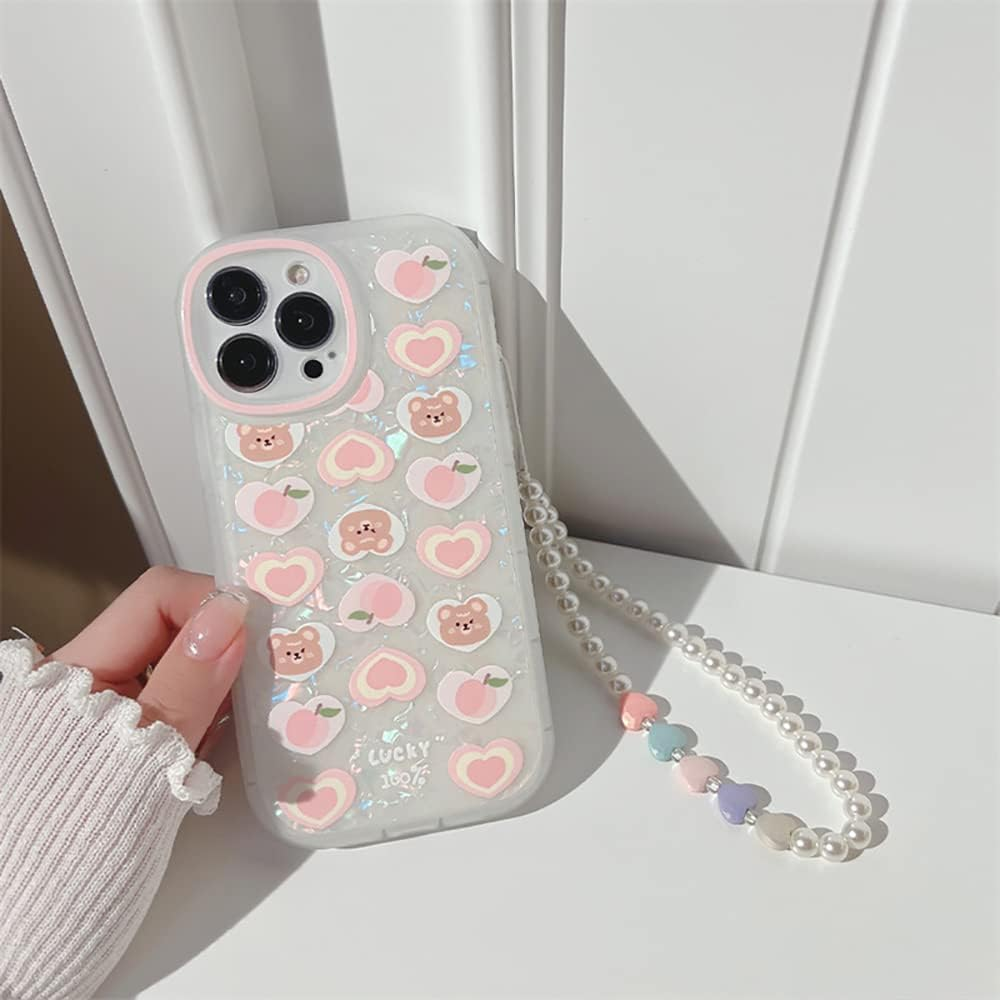 Fycyko Compatible with Iphone 7/8/SE Case with Phone Charm Srap, Cute Bear Love Heart Pattern with Pearl Bracelet Chain Sparkly Phone Case Camera Protect Pink image number 6