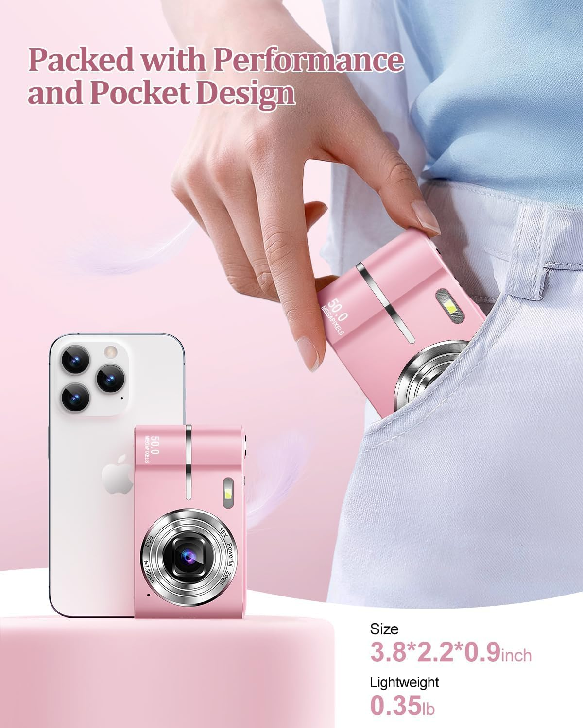 Upgrade Digital Camera, 50MP Full High Definition 1080P Camera with 16X Zoom anti Shake, Compact Camera for Kid Student Children Teen Girl Boy, Kids Camera with 32GB SD Card (Pink) - Green image number 5