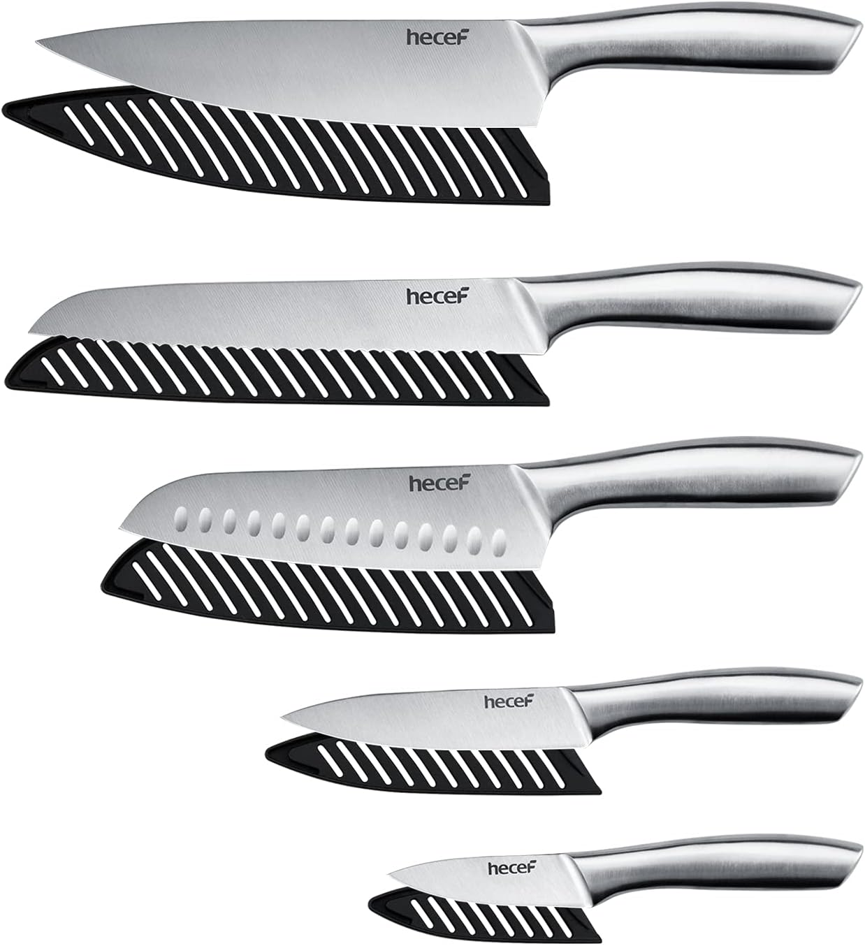 Hecef Silver Kitchen Knife Set of 5, Satin Finish Blade with Hollow Handle, Includes 8" Chef, 8" Bread, 8" Santoku, 5" Utility and 3.5" Paring Knife image number 6
