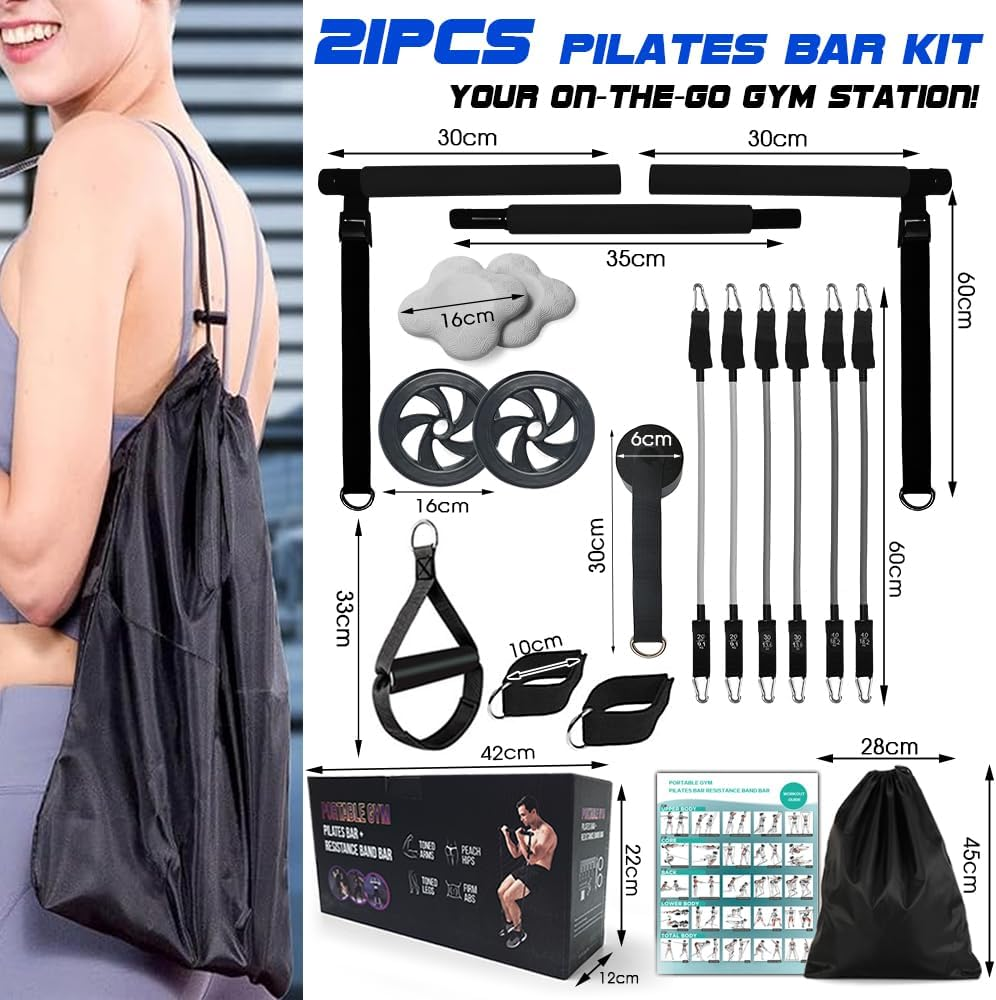 Pilates Bar Kit with 180LBS Resistance Bands(20,30,40 LB),21PCS Pilates Equipment Exercise Bar with Ab Roller, Portable Home Gym Fitness Pilates Bar for Women & Men - Black image number 3
