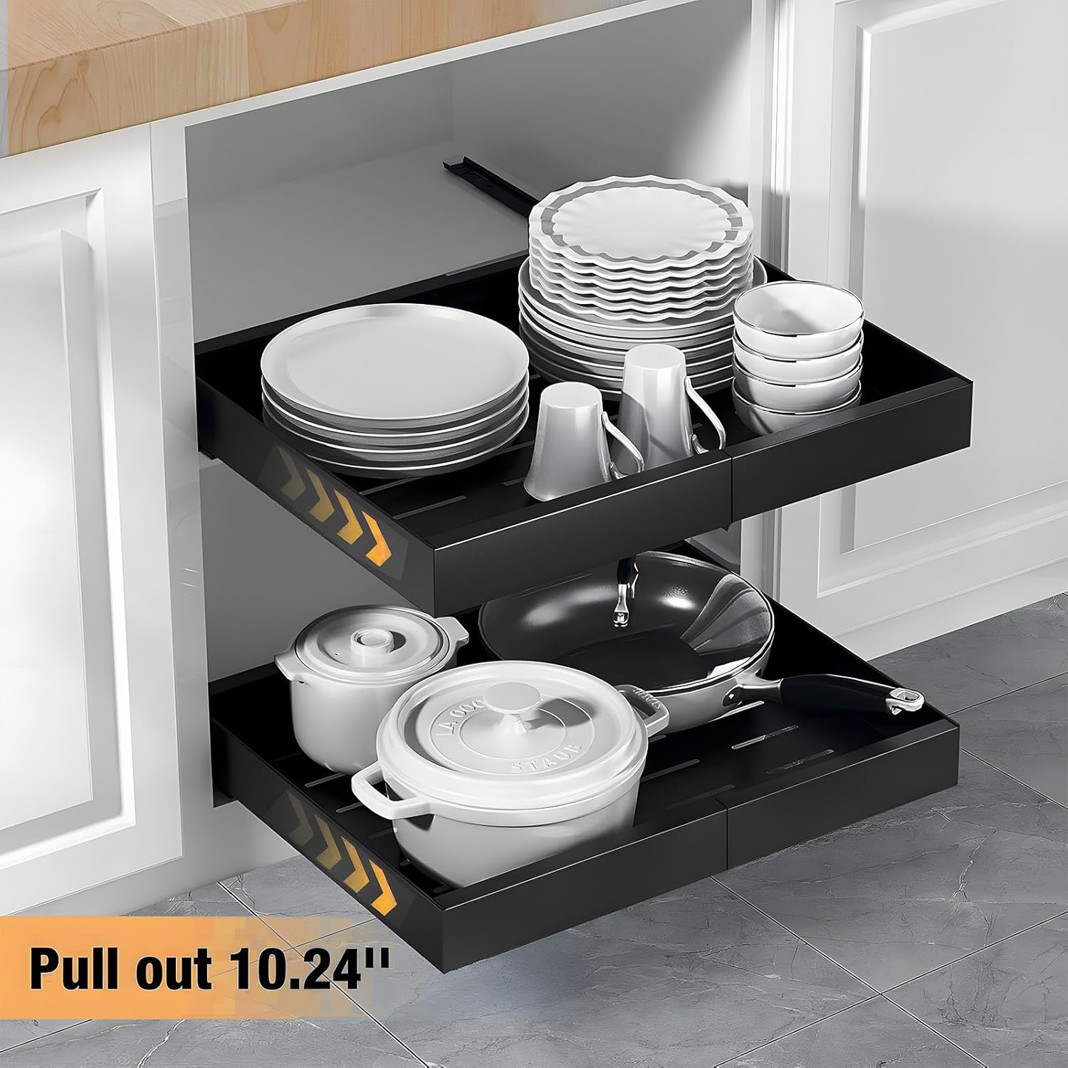 Pull Out Cabinet Organizer, Expandable Heavy Duty Slide Out Drawers Fixed with Adhesive Nano Film, Roll Out Shelf Storage for Kitchen Base Cabinet Organization,Pantry,Bathroom, Black 1Pcs(17.1"-26.7") image number 5