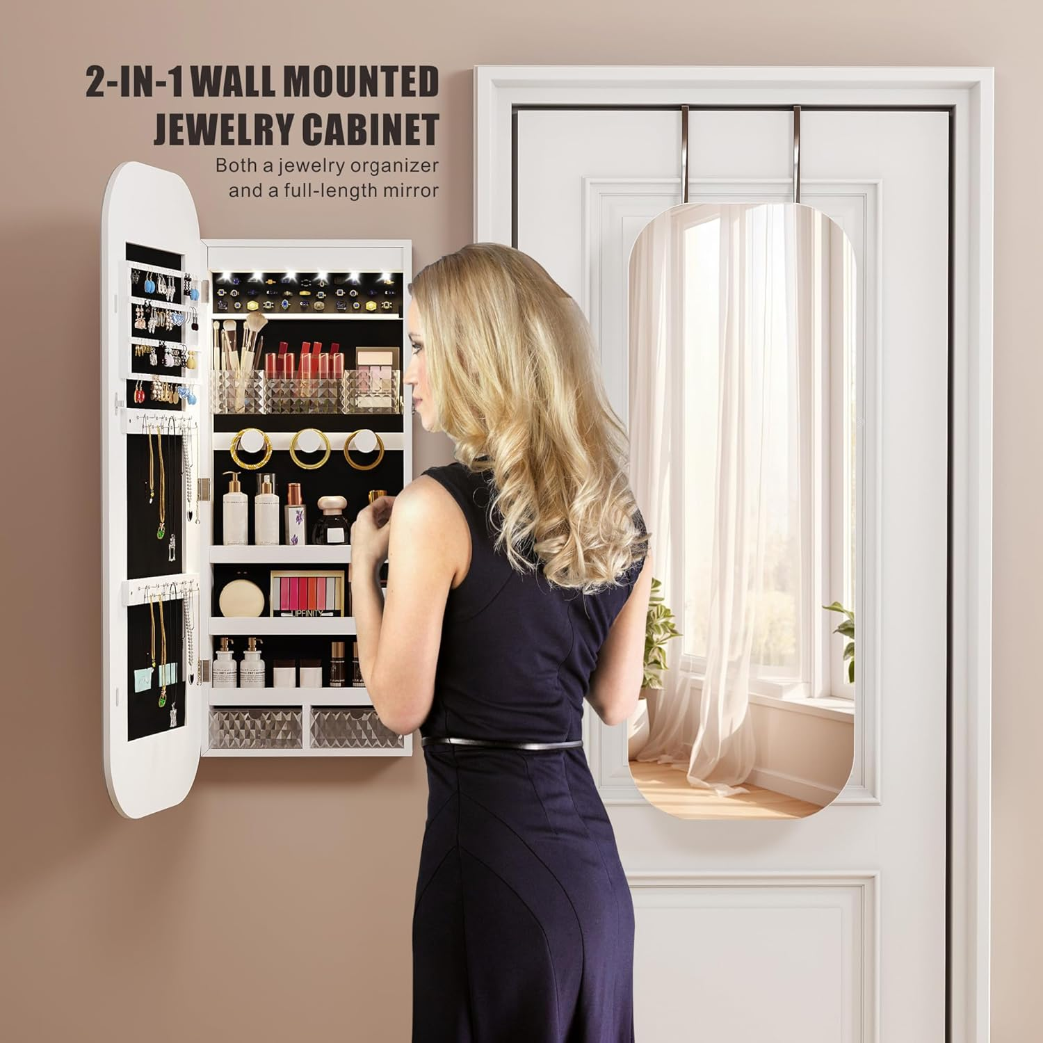 Dystler Mirror Jewelry Cabinet - Wall/Door Mounted Jewelry Armoire with Large Capacity - Lockable Tall Hanging Organizer - Cosmetic Storage & Gift Idea - White image number 3
