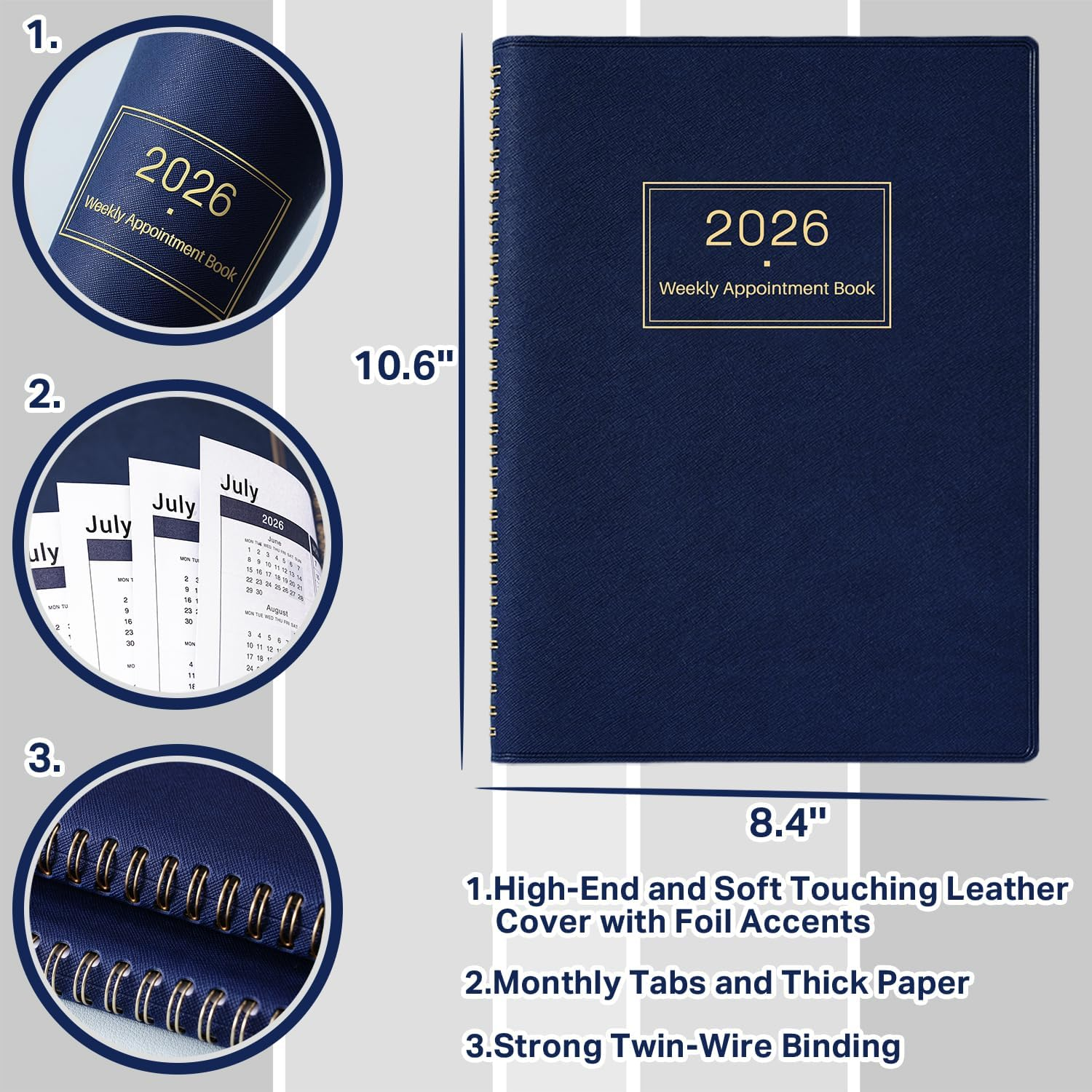 2026 Appointment Book - 2026 Diary from Jan 2026 - Dec 2026, A4 Week to View Appointment Diary 2026, Hourly Planner 2026 in 15 Minutes Times Slots, with Soft Leather Cover, 21.8 X 29 Cm, Colorful Tabs image number 3