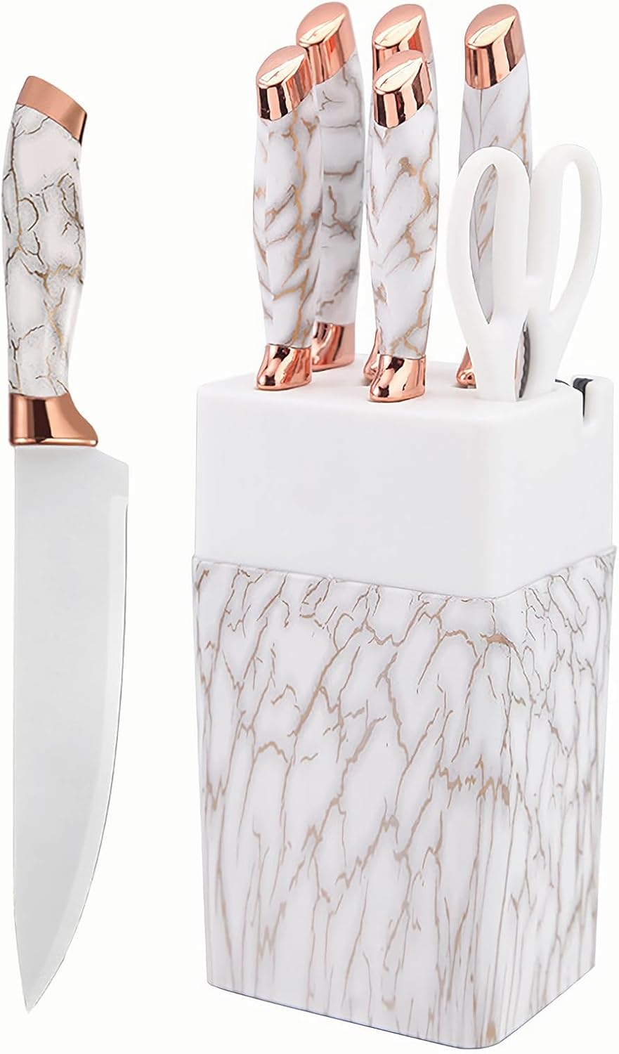 Knife Set, 7 PCS Stainless Steel Kitchen Knife Block Set with Built in Knife Sharpener, Black Non Stick Coated Knife, No Rust and Sharp Knife for Chopping, Slicing and Dicing, Best Gift, Golden