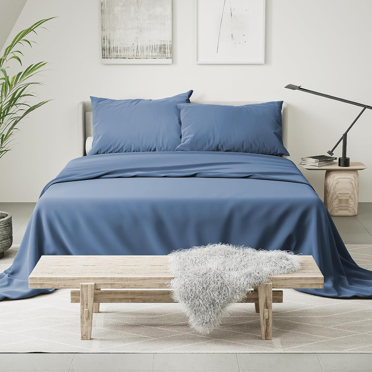 Fitted Sheet Set of 4,Ultra Soft Microfiber Bedding,Extra Deep Fitted Sheet 182X203Cm,2 Pillowcases,1 Flat Sheet,King Size,Blue - Black image number 7