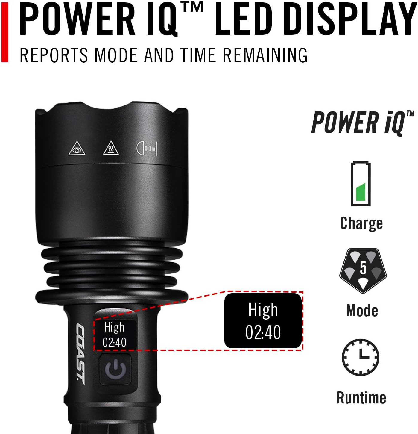 Coast XP40R 8000 Lumen Rechargeable Dual-Power LED Flashlight with Poweriq&trade; Real-Time Display, 5 Light Modes, Ultra View Flood Beam, Push/Pull Focus image number 5