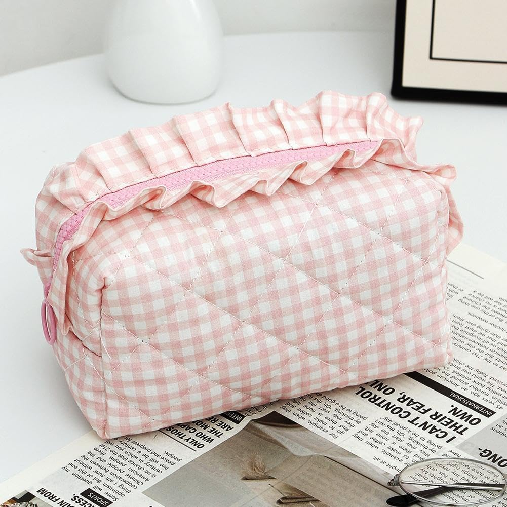 Gingham Ruffle Makeup Bag,Large Travel Cute Cosmetic Bag for Women,Cotton Zipper Pouch and Accessories Storage Bag, Travel Pouch,Aesthetic Puffy Toiletry Bag Make up Organizer (Purple) image number 5