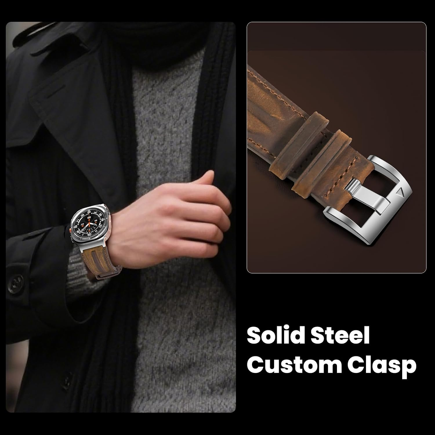 Bouixel Top Grain Genuine Leather Band Compatible with Samsung Galaxy Watch Ultra Bracelet 47Mm Men Women, Heavy Duty Wide Metal Connection Band for Galaxy Watch Ultra (2024) image number 3