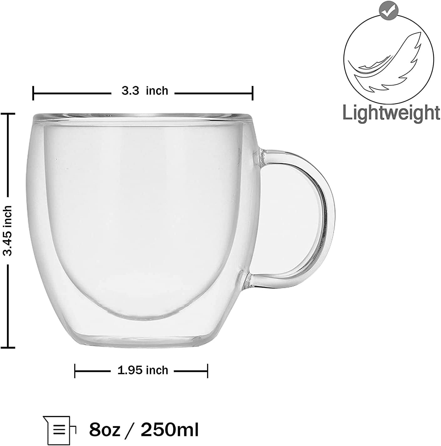 KEPTFIT Double Wall Insulated Glasses - Coffee Mugs (Set of 2) 8.82 Oz Clear with Handle Large Latte Cappuccino Glass Mug or Tea Cup (250Ml) image number 4